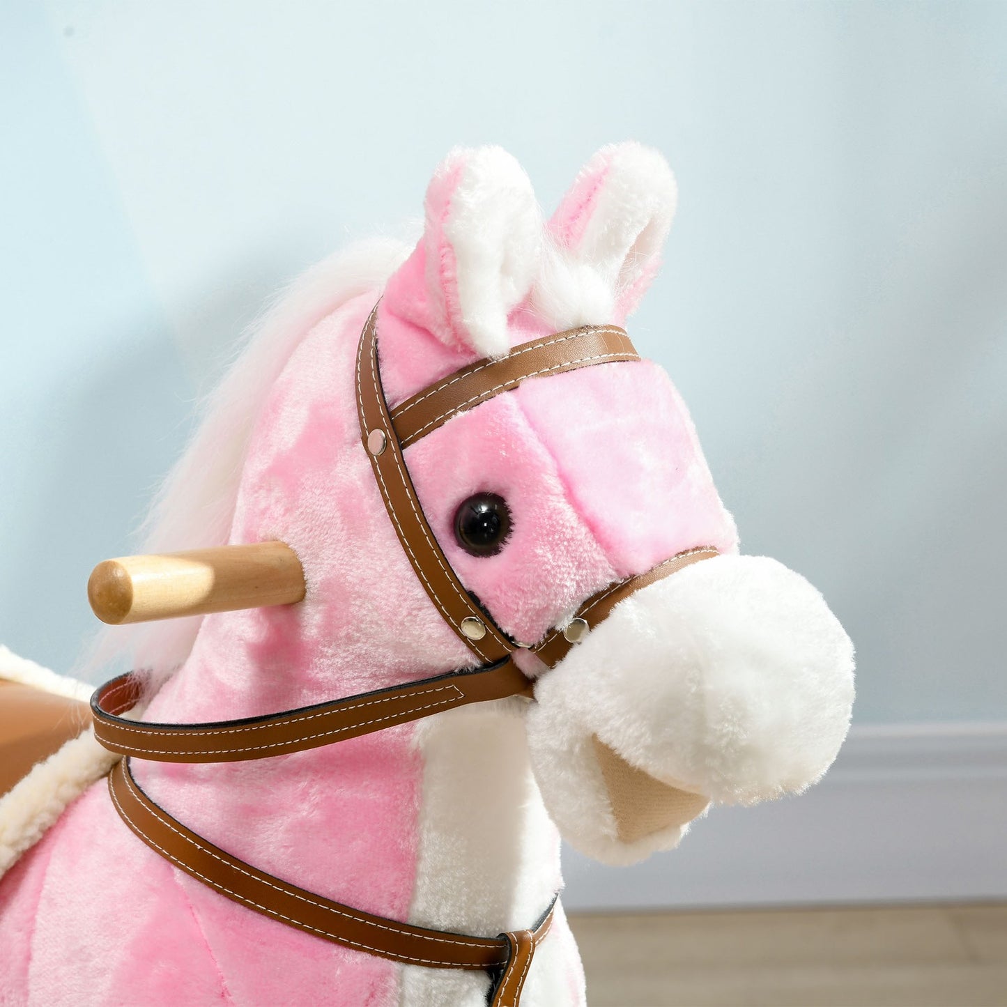 Pink plush rocking horse with sound - 3-6 years, wooden base