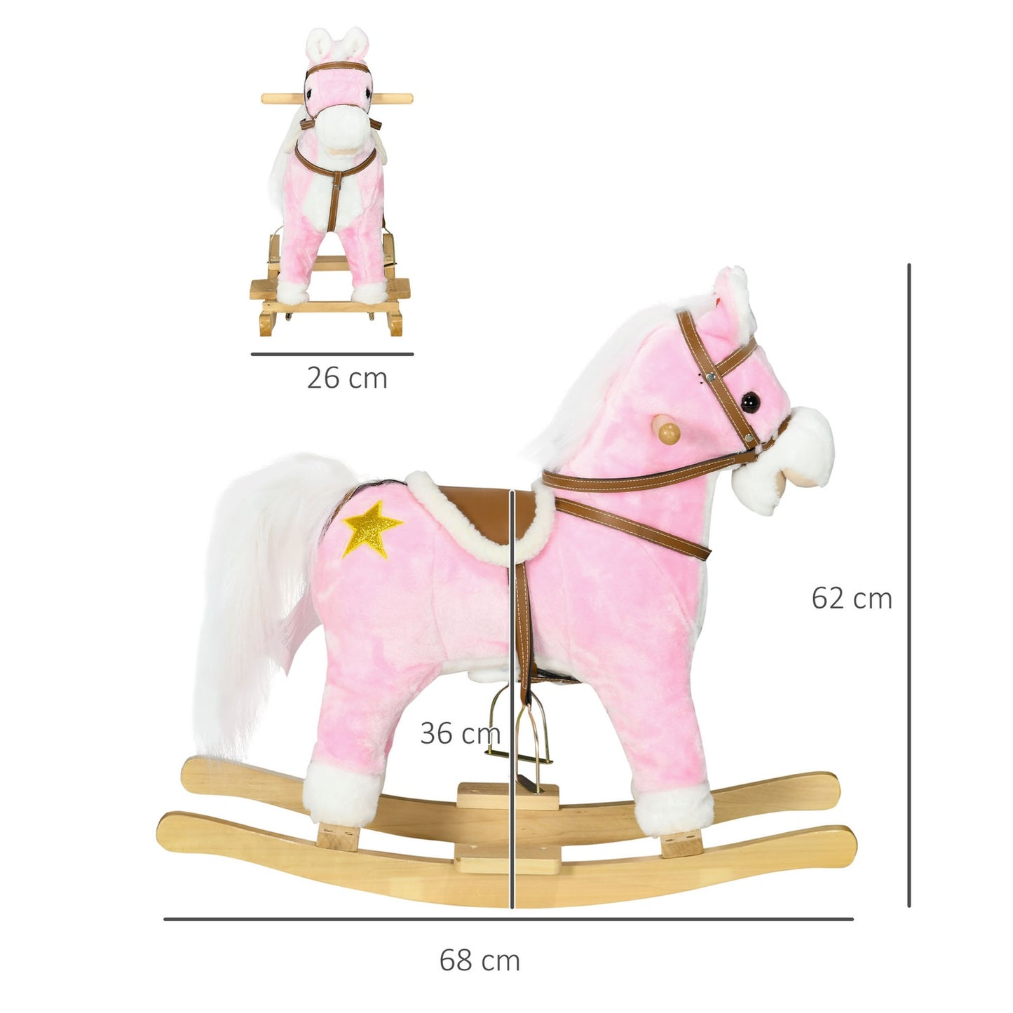 Pink plush rocking horse with sound - 3-6 years, wooden base