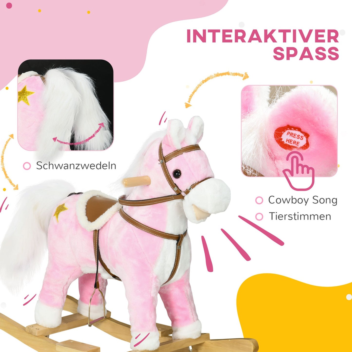 Pink plush rocking horse with sound - 3-6 years, wooden base