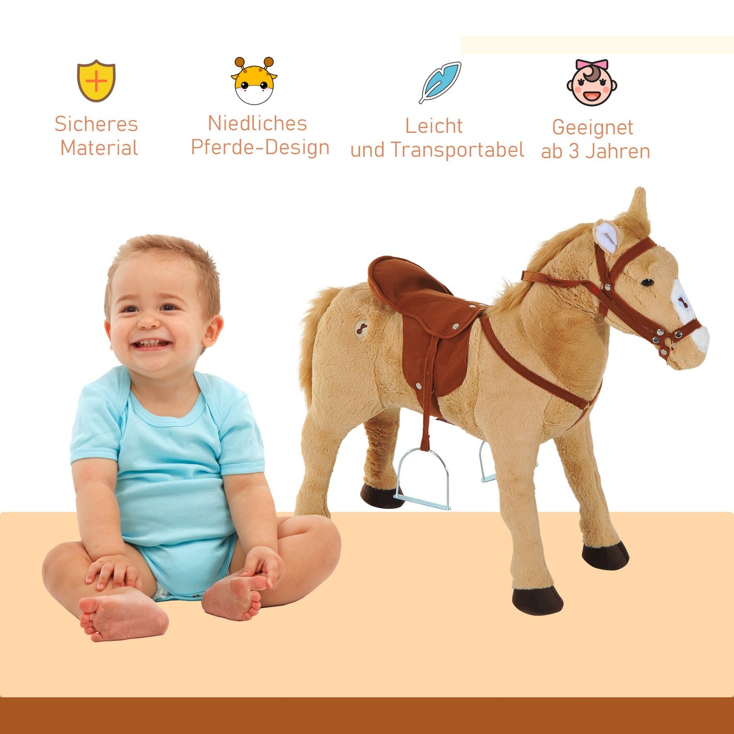 Plush rocking horse with sound for children, Beige, 85 cm