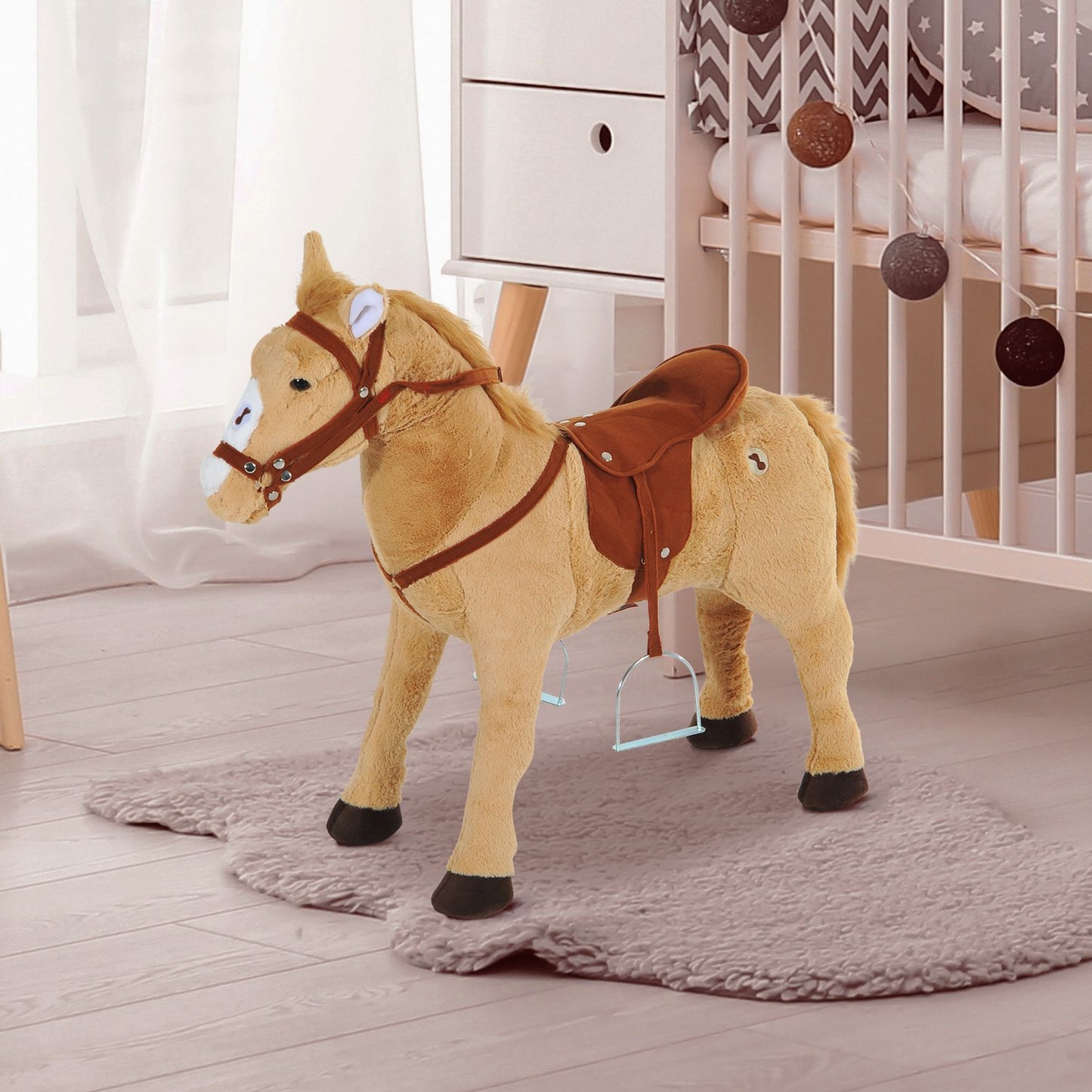 Plush rocking horse with sound for children, Beige, 85 cm