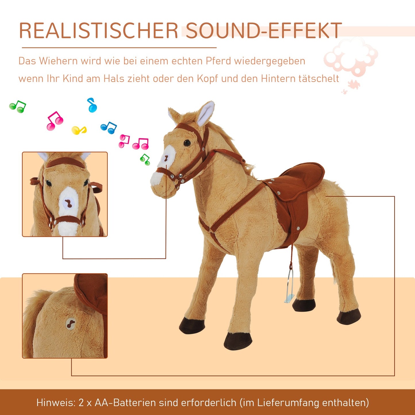 Plush rocking horse with sound for children, Beige, 85 cm
