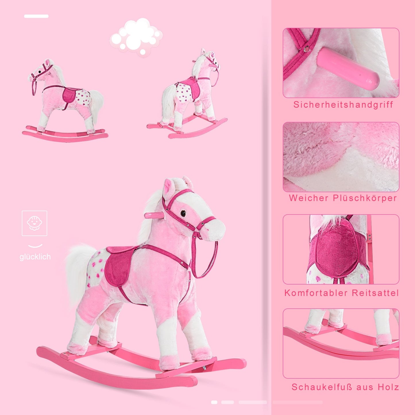 Pink rocking horse toy with sound, 74x28x65 cm