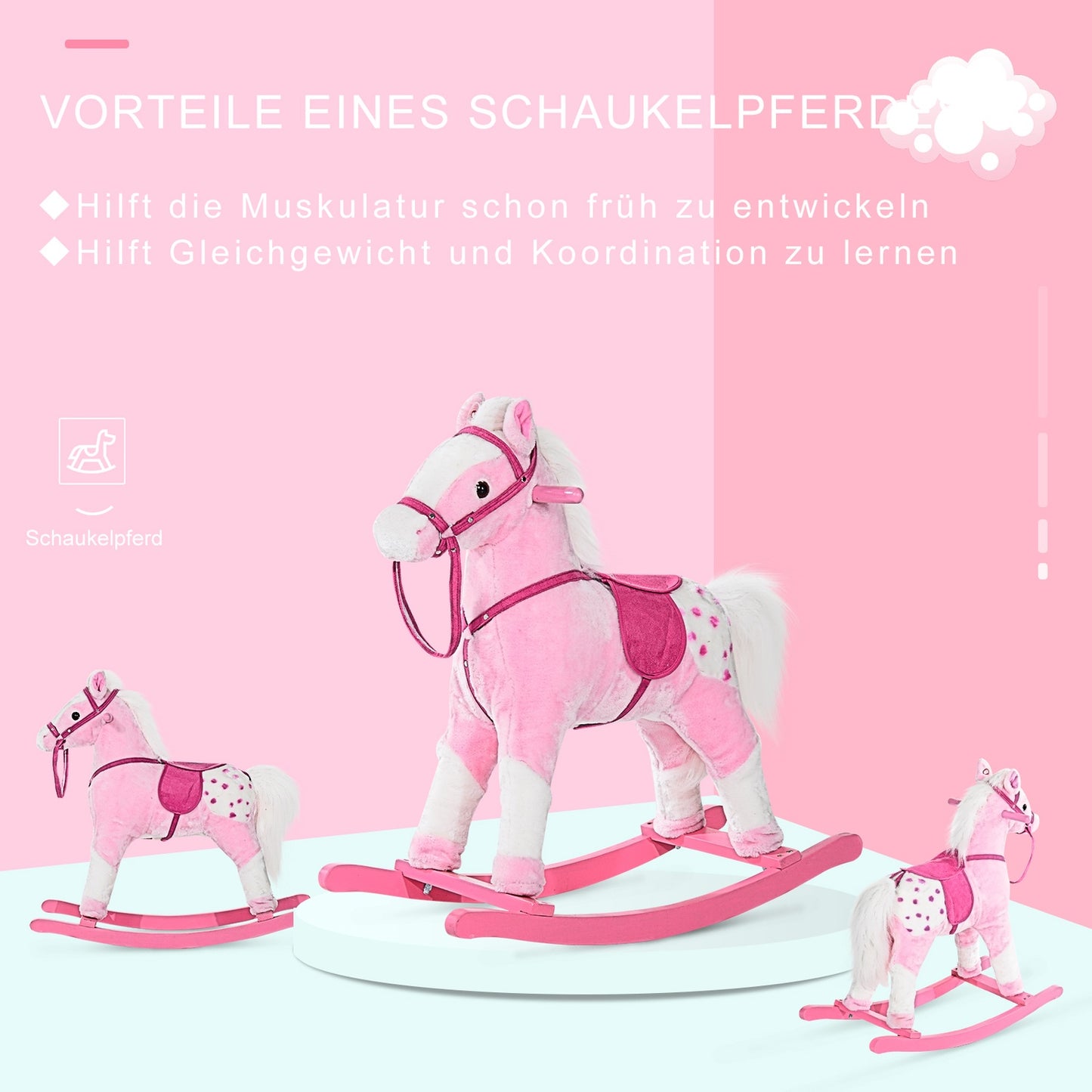 Pink rocking horse toy with sound, 74x28x65 cm