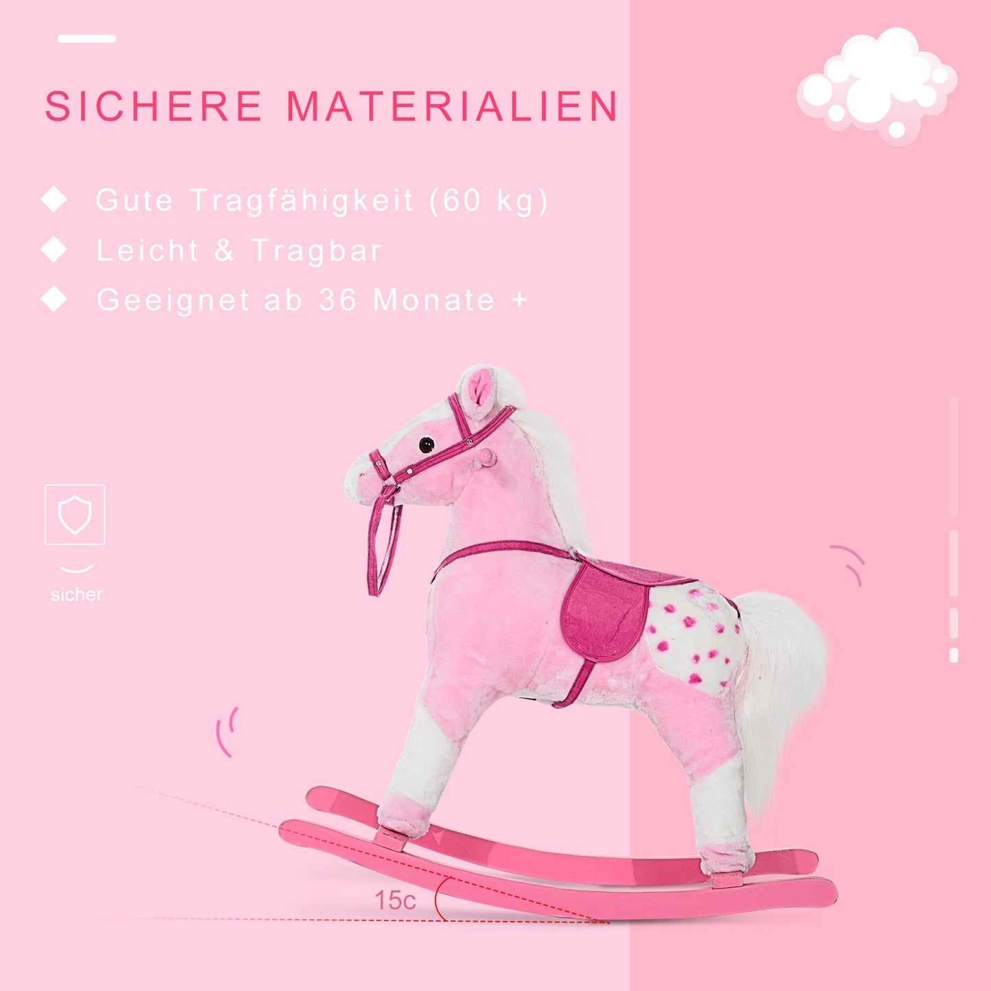 Pink rocking horse toy with sound, 74x28x65 cm