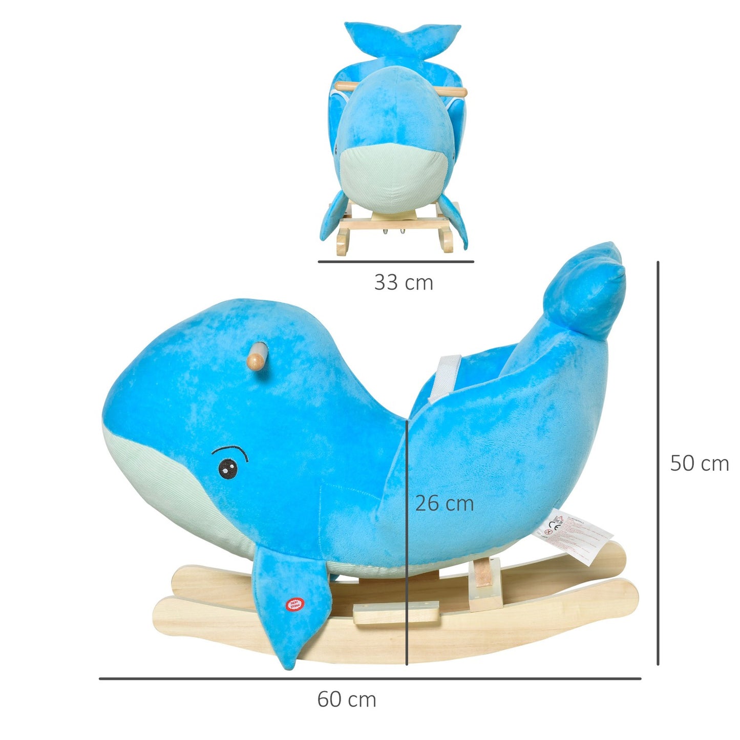 Blue plush whale rocking horse toy, sound, 18-36 months
