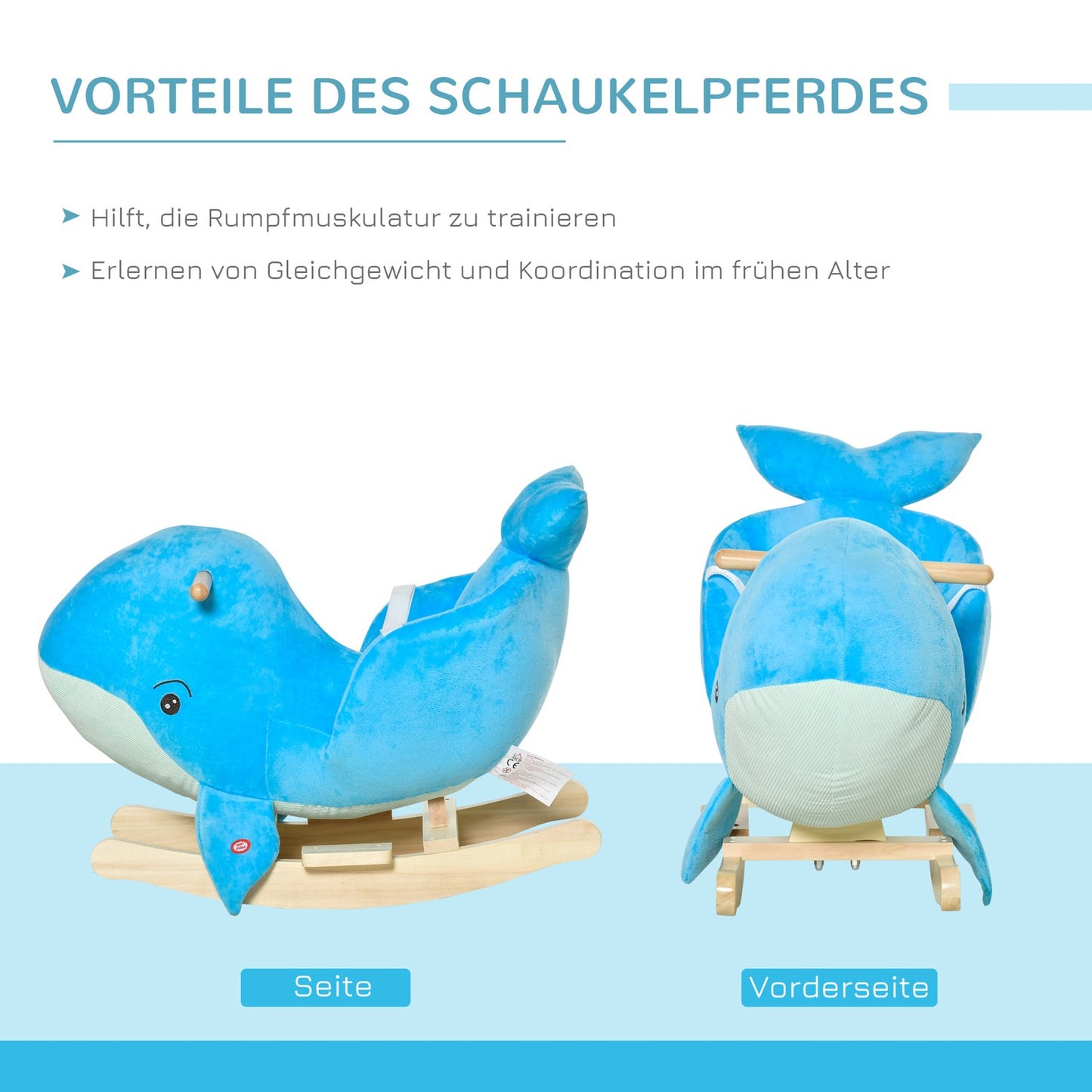 Blue plush whale rocking horse toy, sound, 18-36 months