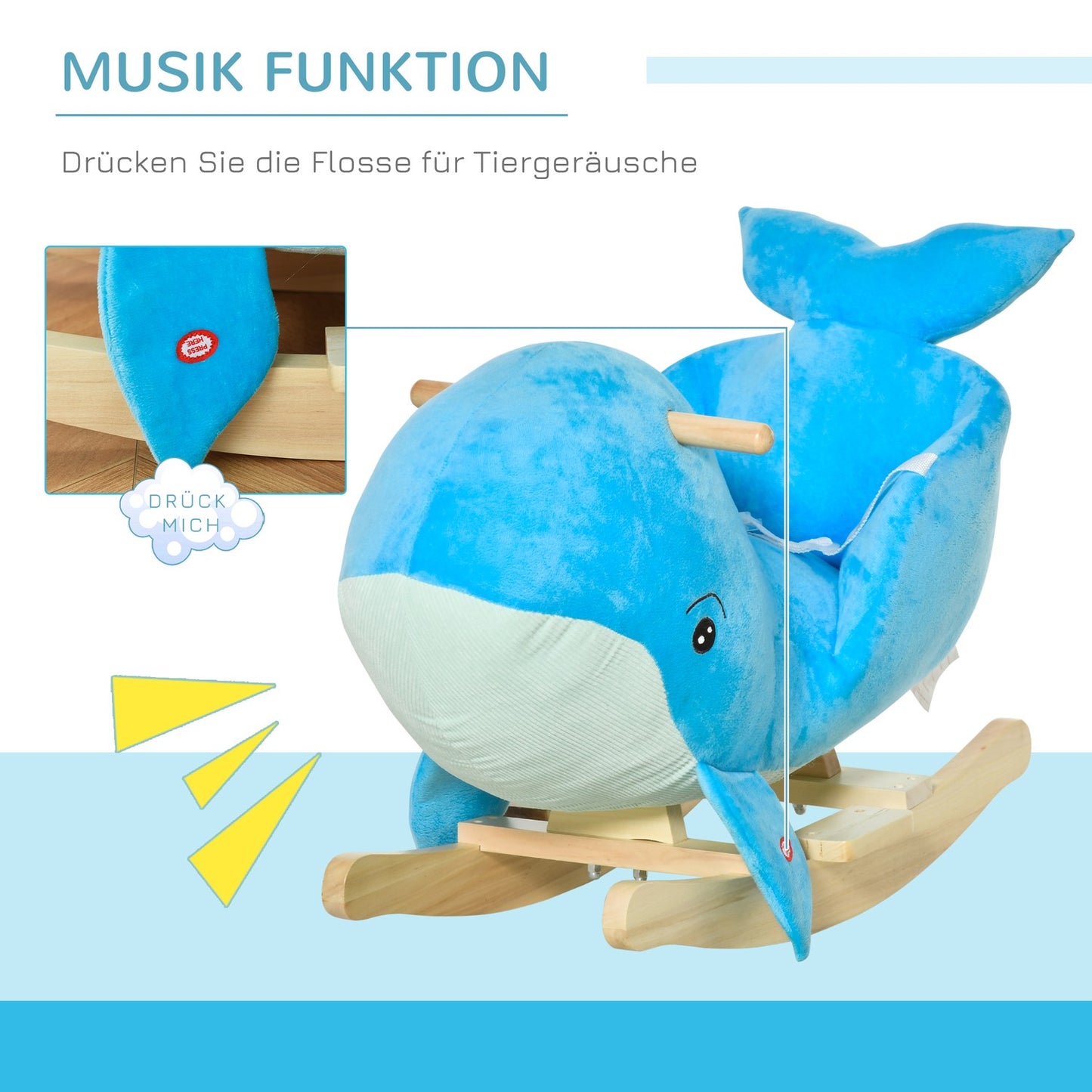 Blue plush whale rocking horse toy, sound, 18-36 months