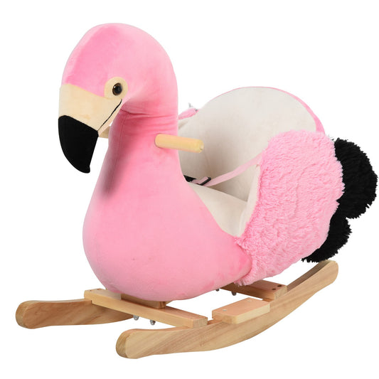 Flamingo rocking horse toy, plush with safety belt, 60 cm
