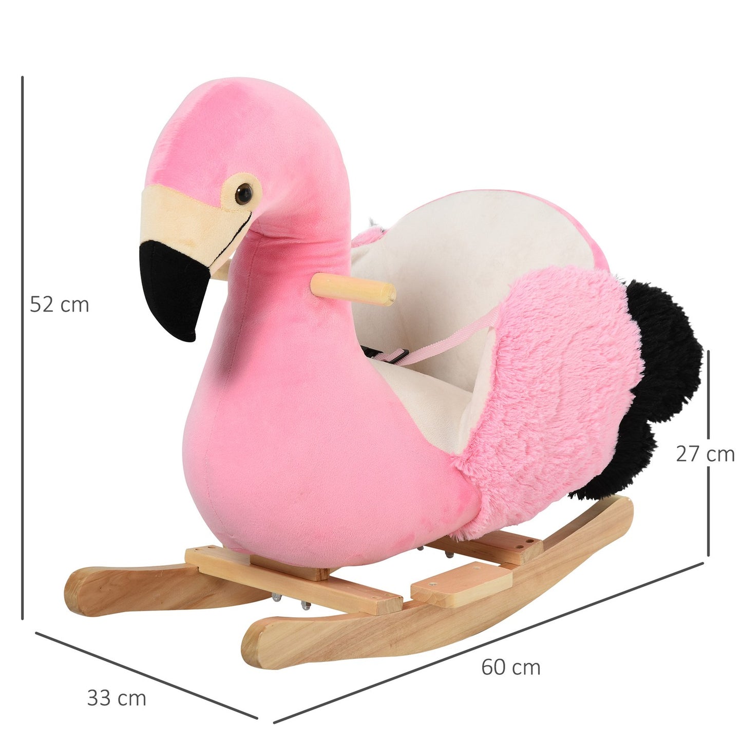 Flamingo rocking horse toy, plush with safety belt, 60 cm