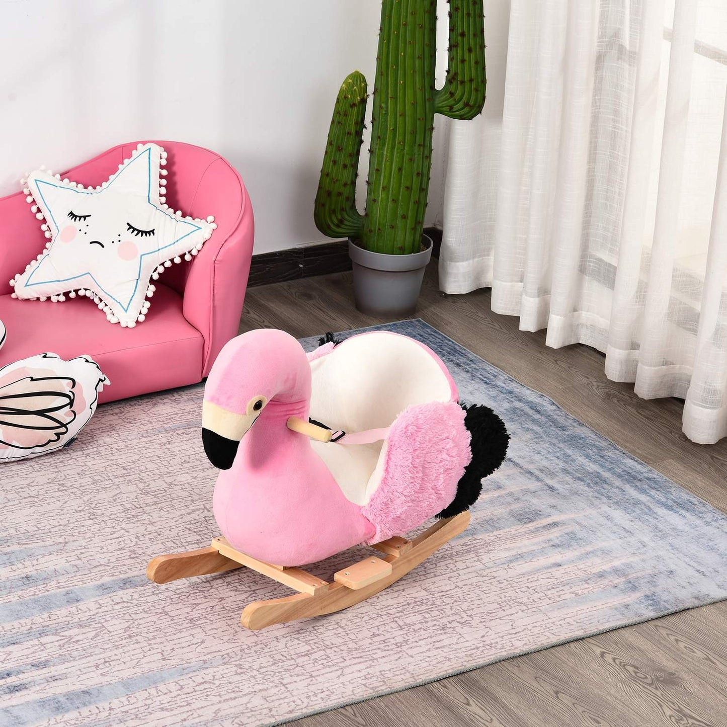Flamingo rocking horse toy, plush with safety belt, 60 cm
