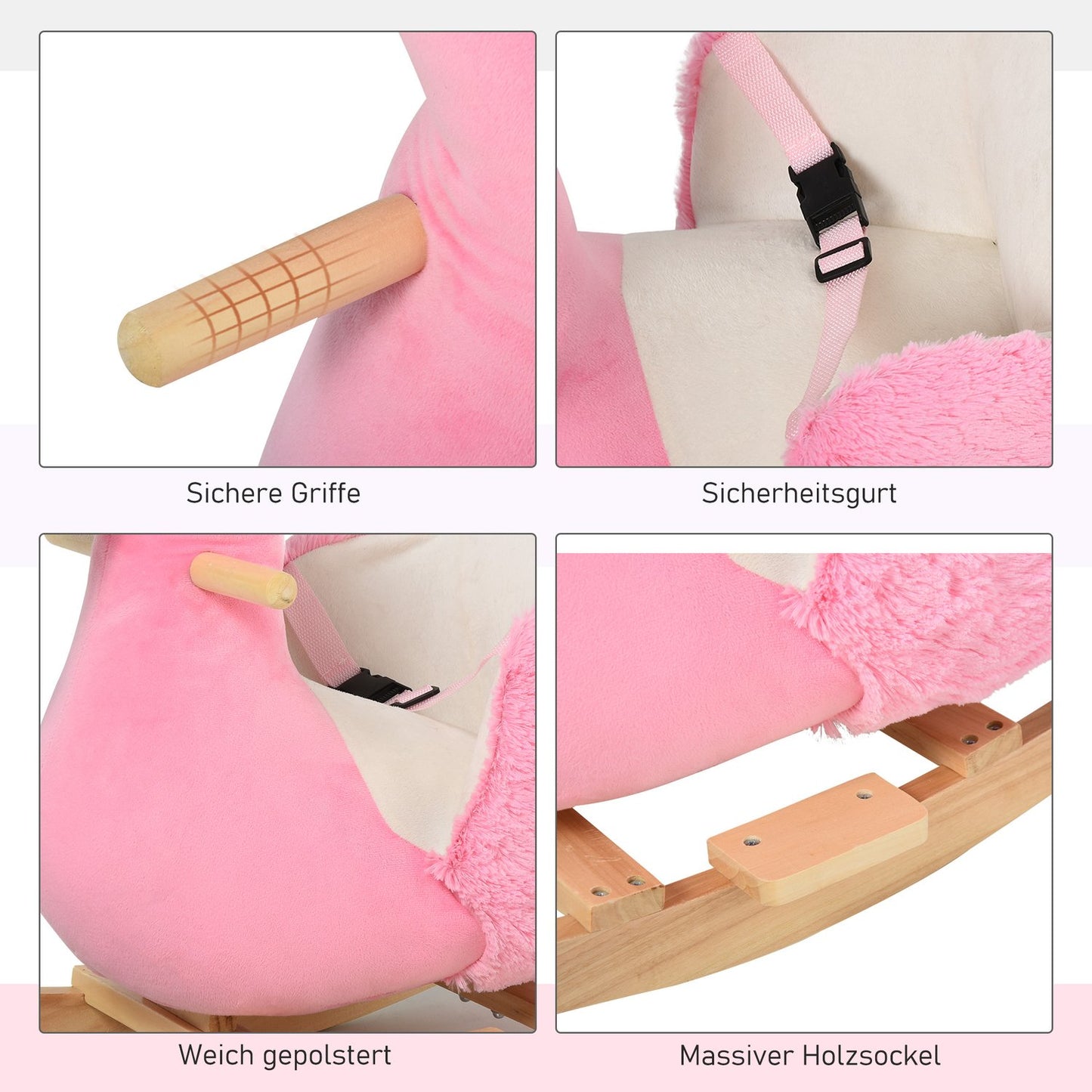 Flamingo rocking horse toy, plush with safety belt, 60 cm