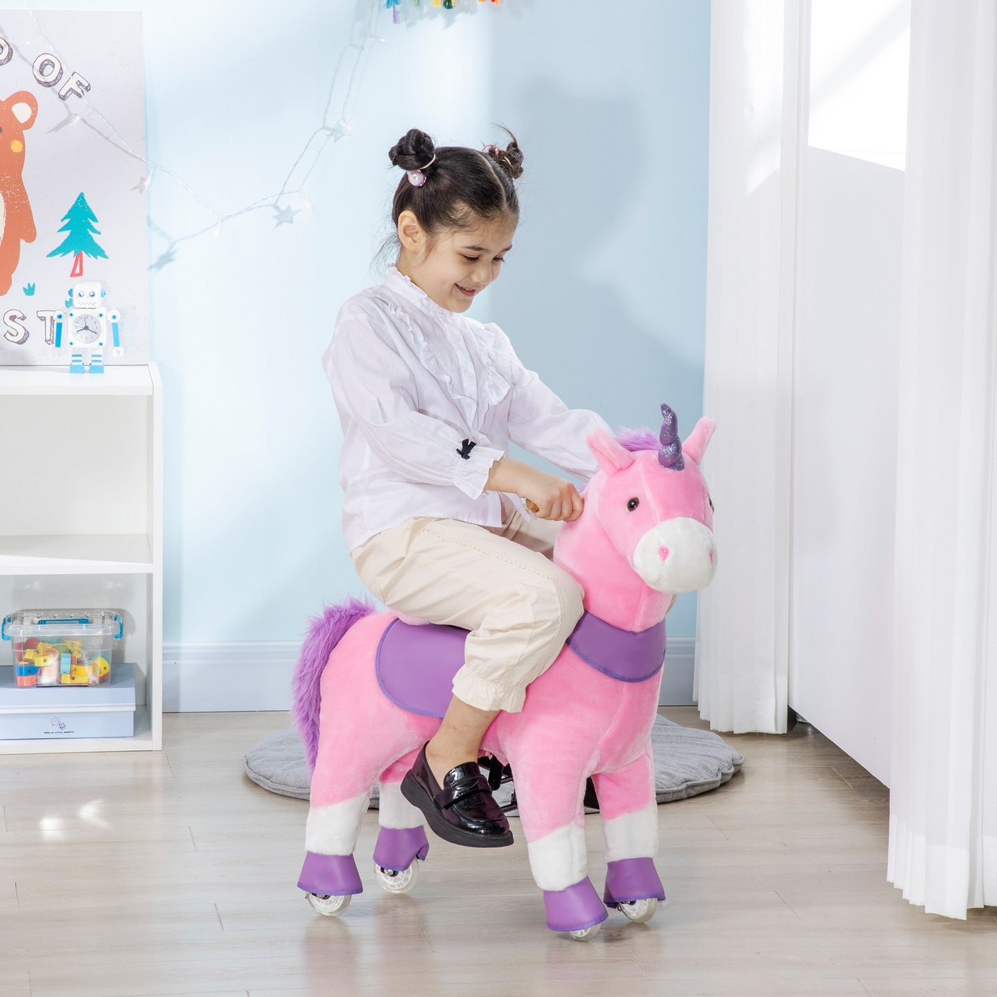 Unicorn rocking horse with padded saddle, 4 wheels, pink