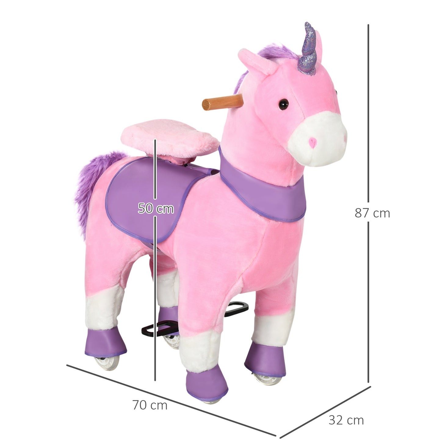 Unicorn rocking horse with padded saddle, 4 wheels, pink