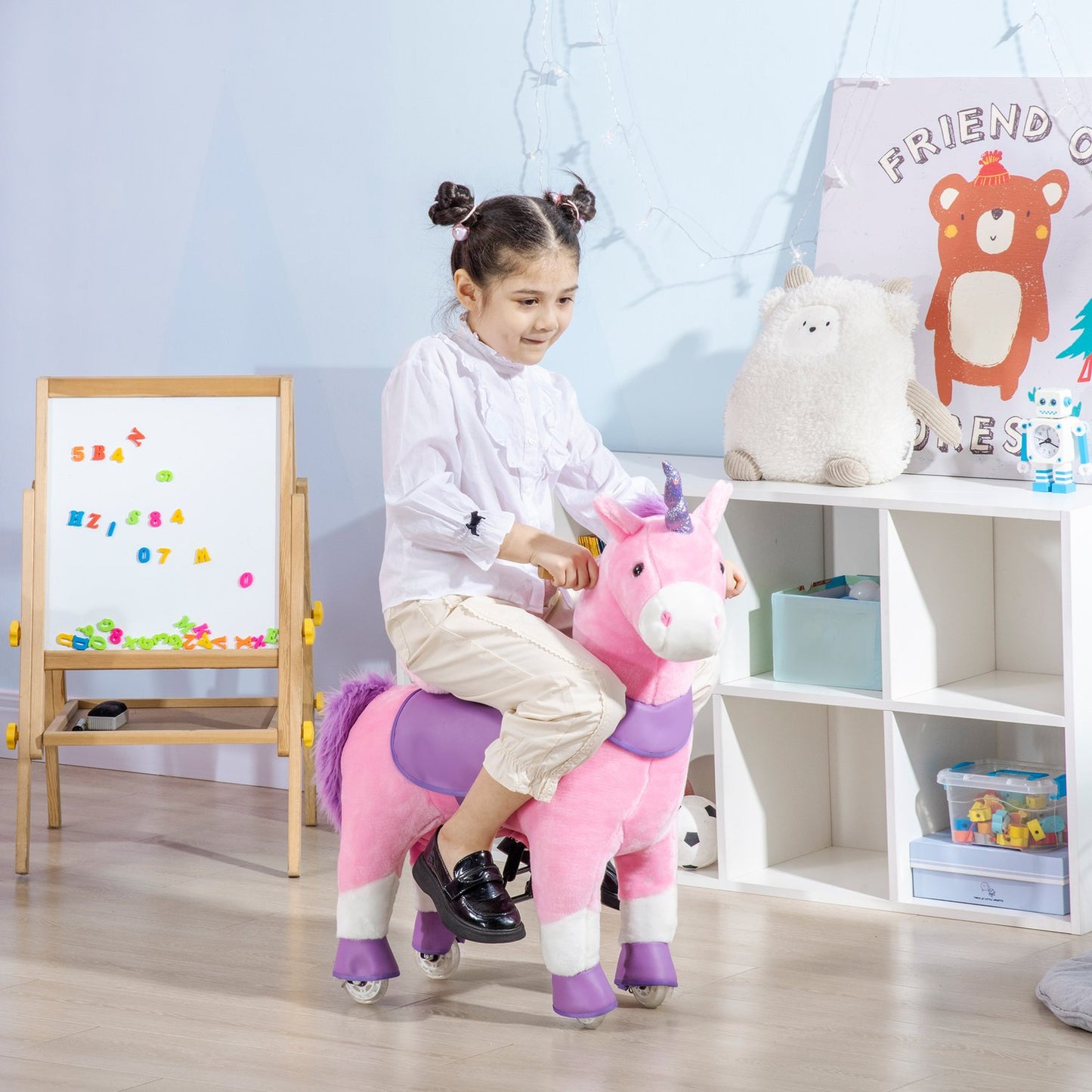 Unicorn rocking horse with padded saddle, 4 wheels, pink