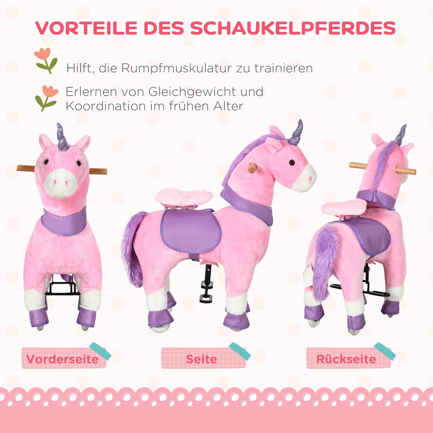 Unicorn rocking horse with padded saddle, 4 wheels, pink