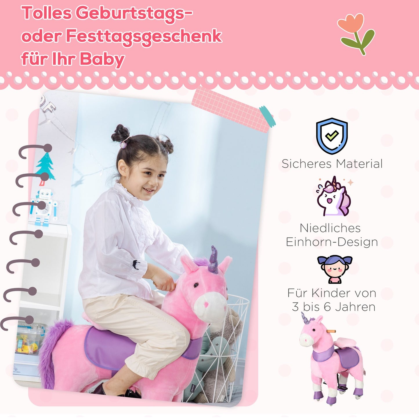 Unicorn rocking horse with padded saddle, 4 wheels, pink