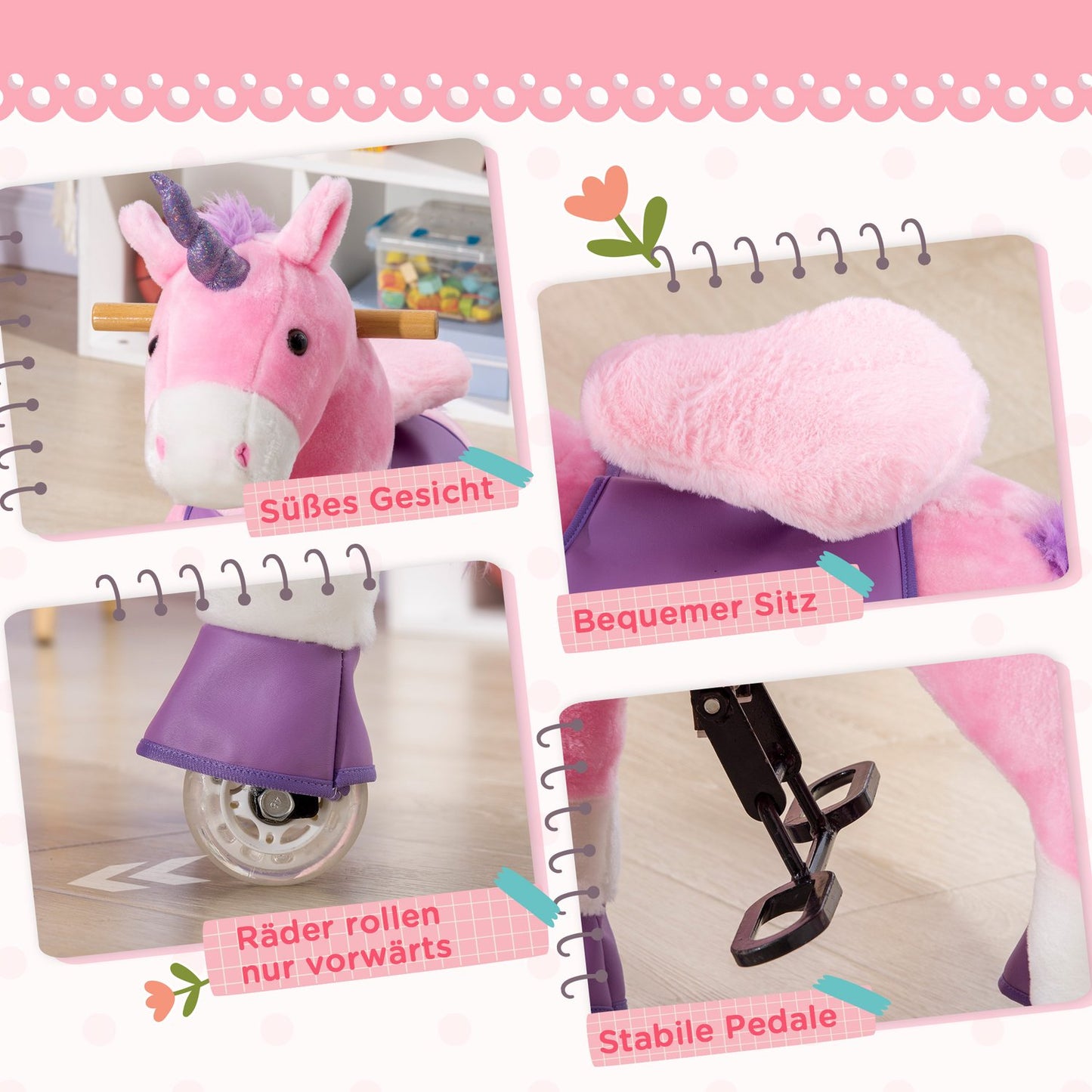 Unicorn rocking horse with padded saddle, 4 wheels, pink