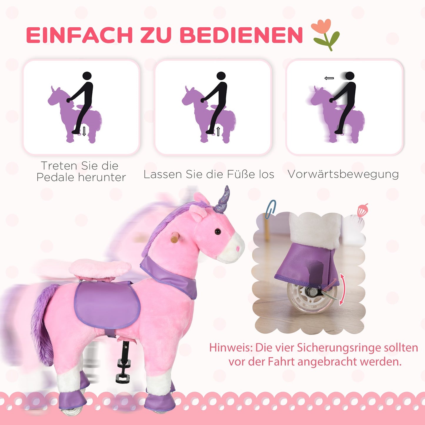 Unicorn rocking horse with padded saddle, 4 wheels, pink