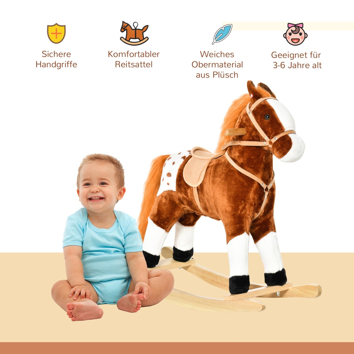 Brown rocking horse toy for children, 3+ years, 74x28x65cm