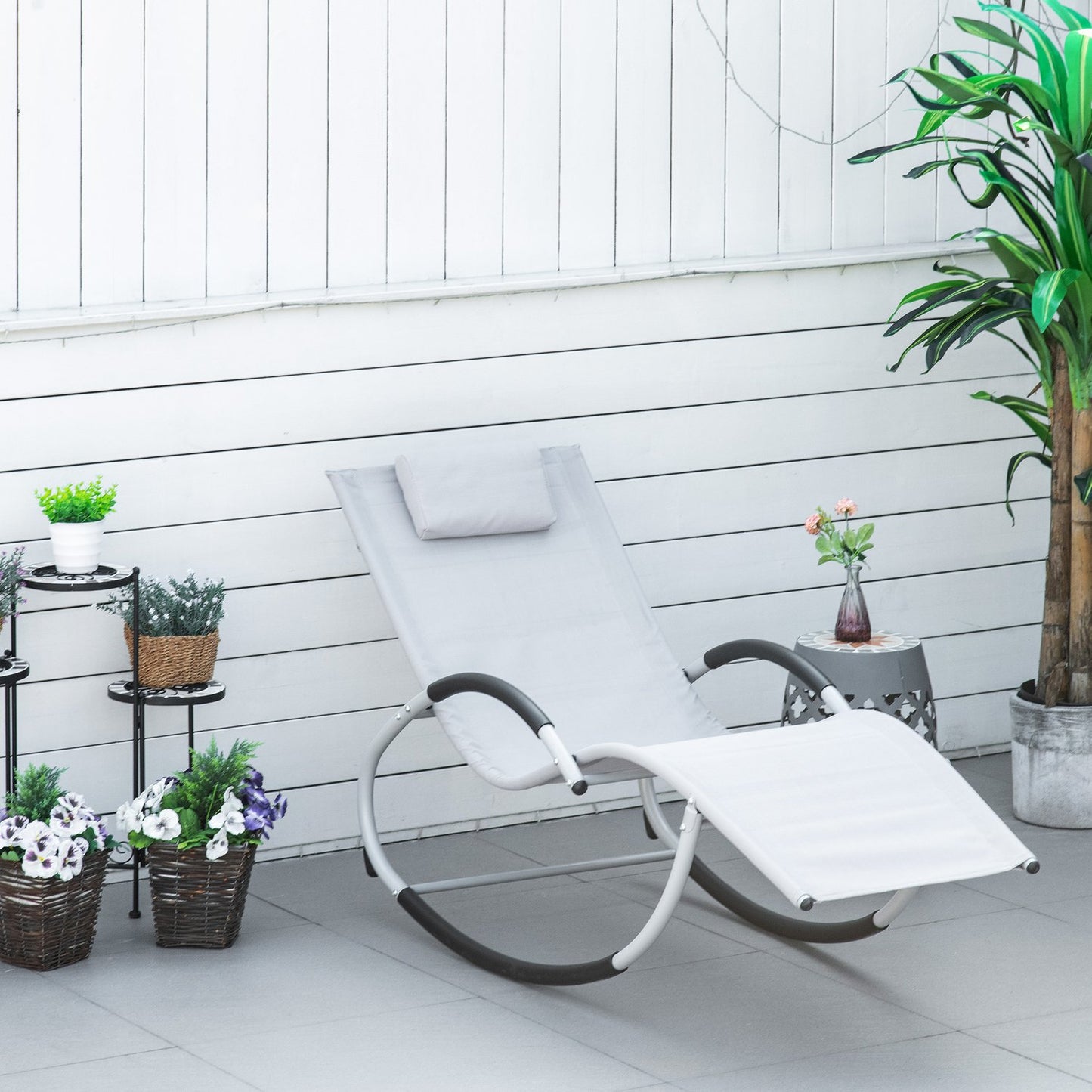 Garden rocking chair with headrest, light gray metal