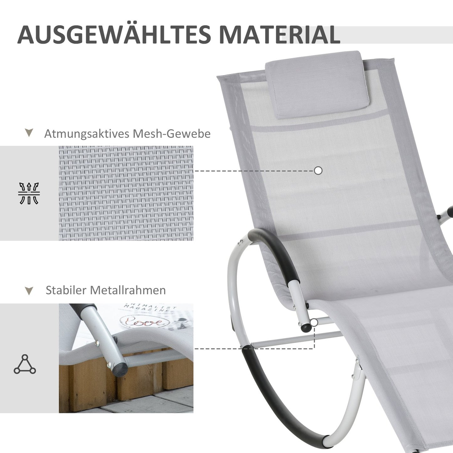 Garden rocking chair with headrest, light gray metal