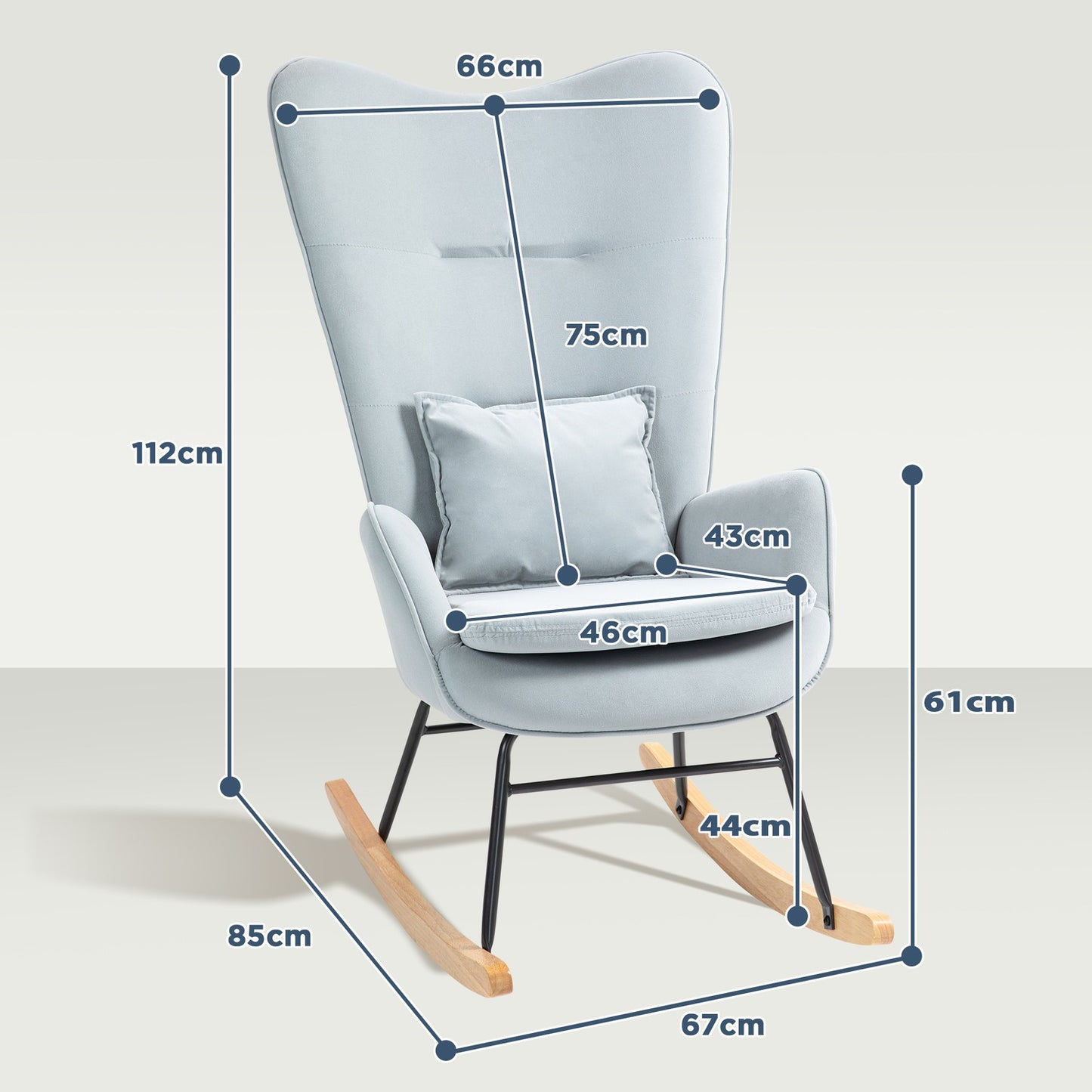 Velvet Look rocking chair, 120 kg capacity, light grey