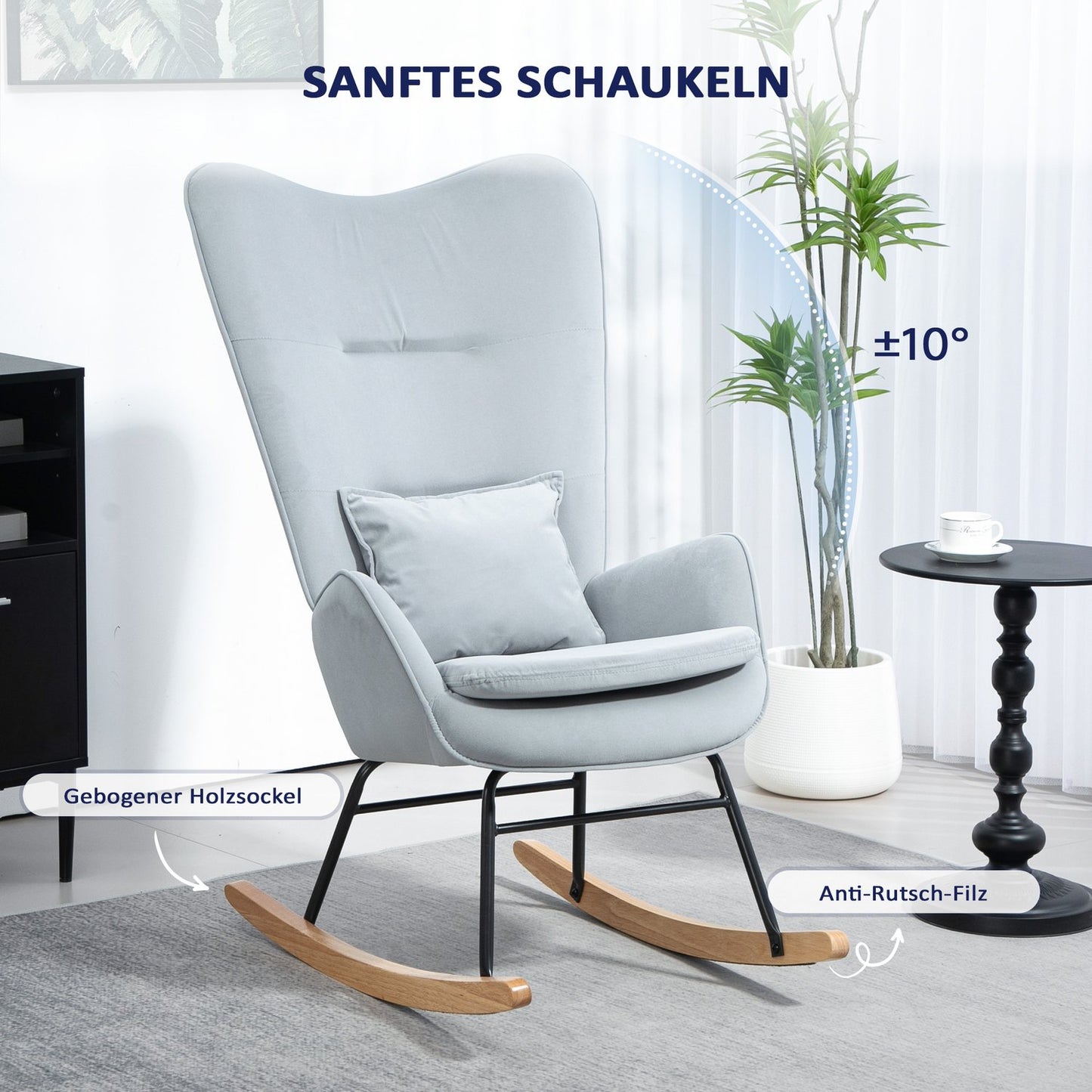 Velvet Look rocking chair, 120 kg capacity, light grey