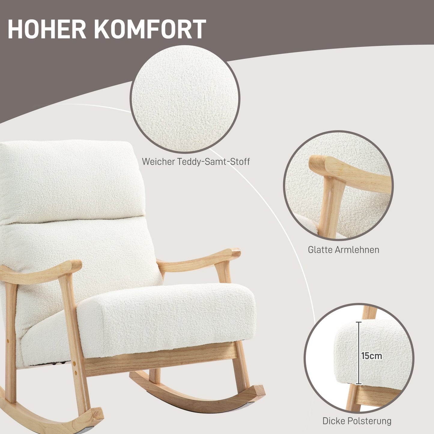 Cream White Velvet Look rocking chair for bedroom & living room