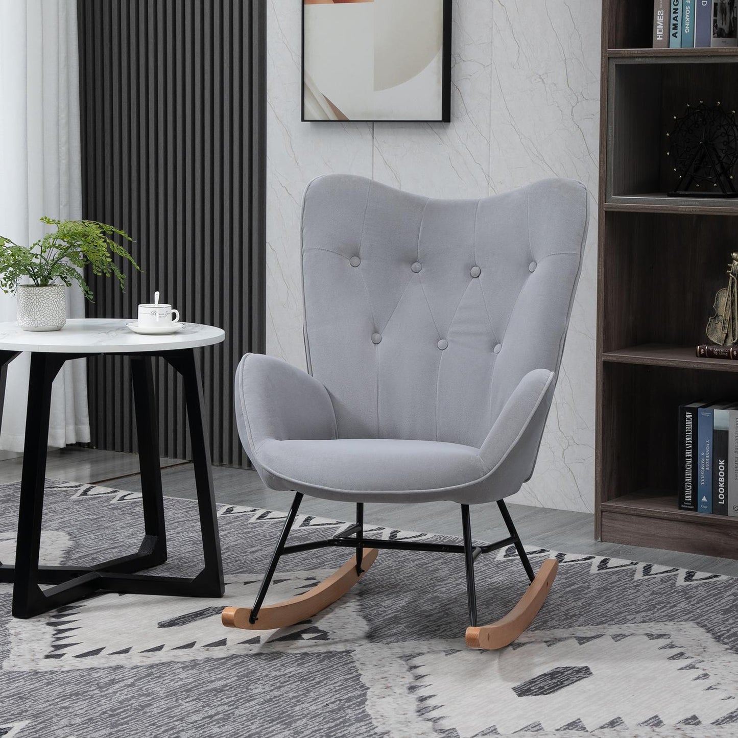 Ergonomic rocking chair in velvet look, 150 kg capacity, light grey