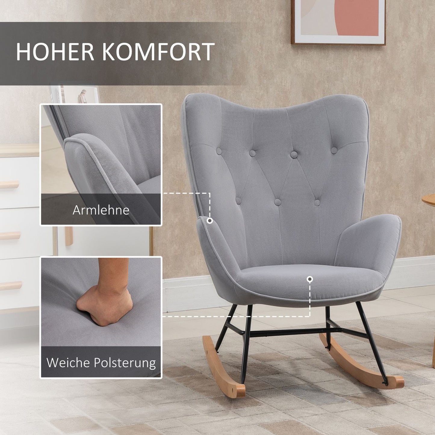 Ergonomic rocking chair in velvet look, 150 kg capacity, light grey