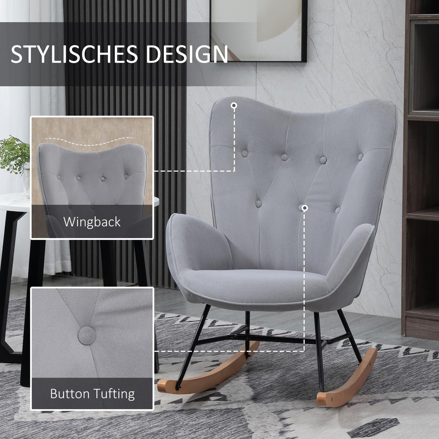 Ergonomic rocking chair in velvet look, 150 kg capacity, light grey