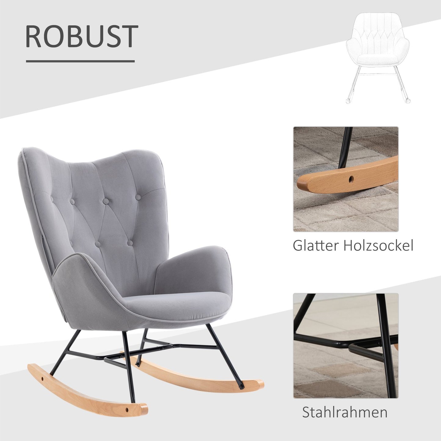 Ergonomic rocking chair in velvet look, 150 kg capacity, light grey