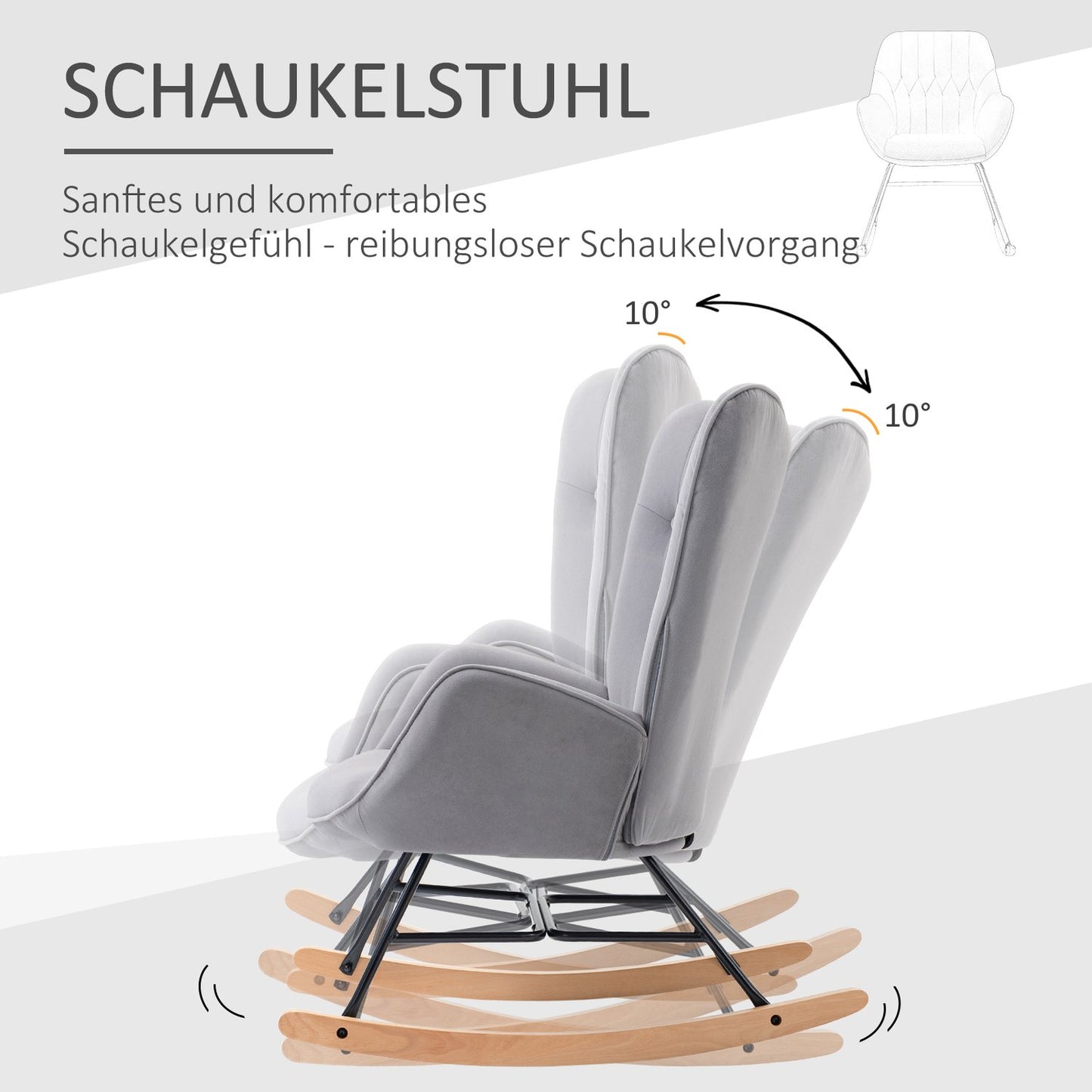 Ergonomic rocking chair in velvet look, 150 kg capacity, light grey