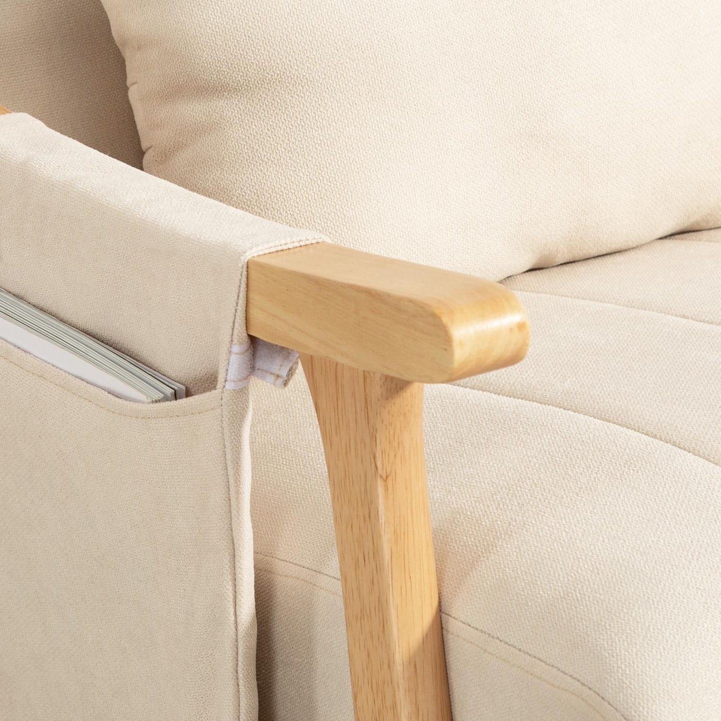 Beige rocking chair in linen with lumbar cushion and pocket