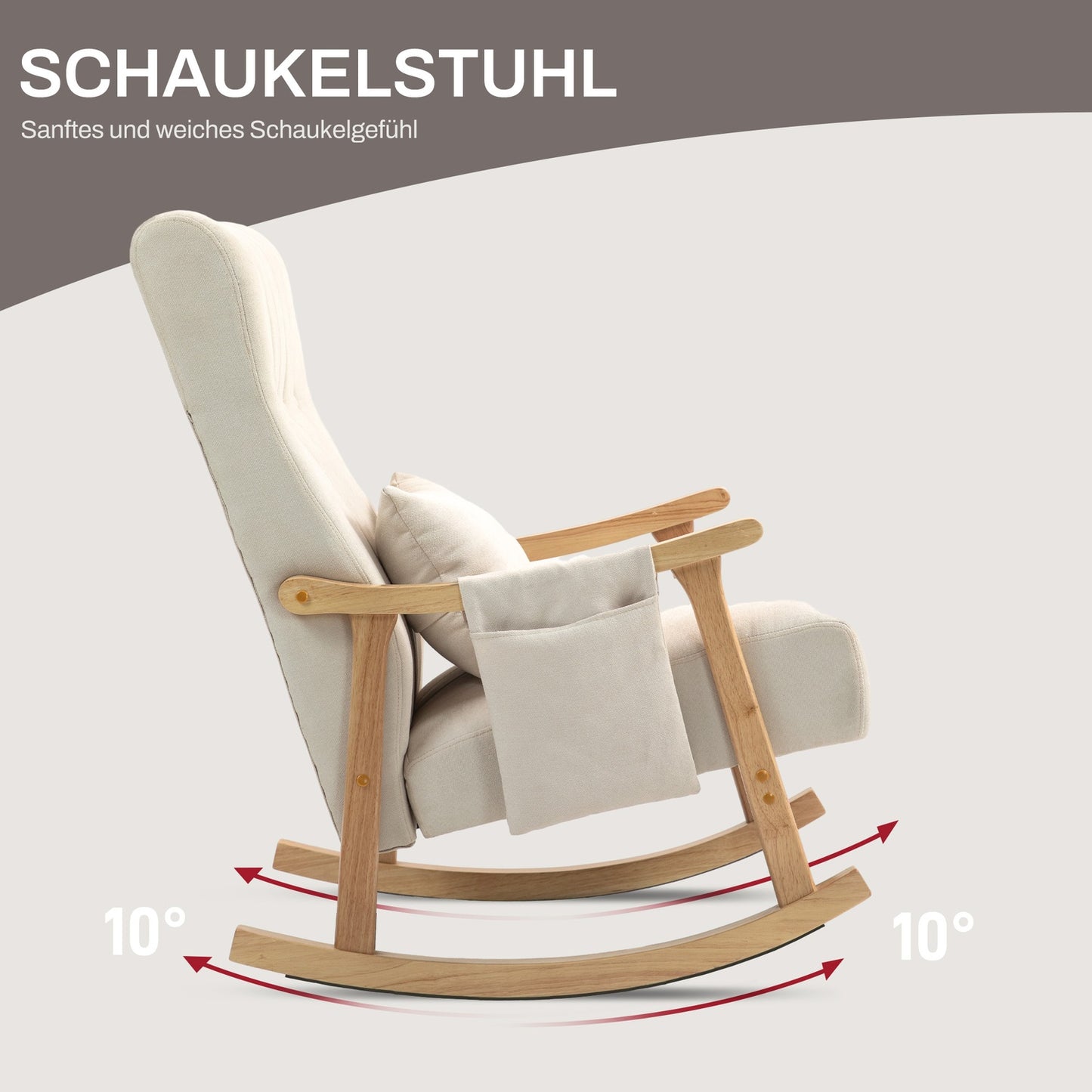 Beige rocking chair in linen with lumbar cushion and pocket