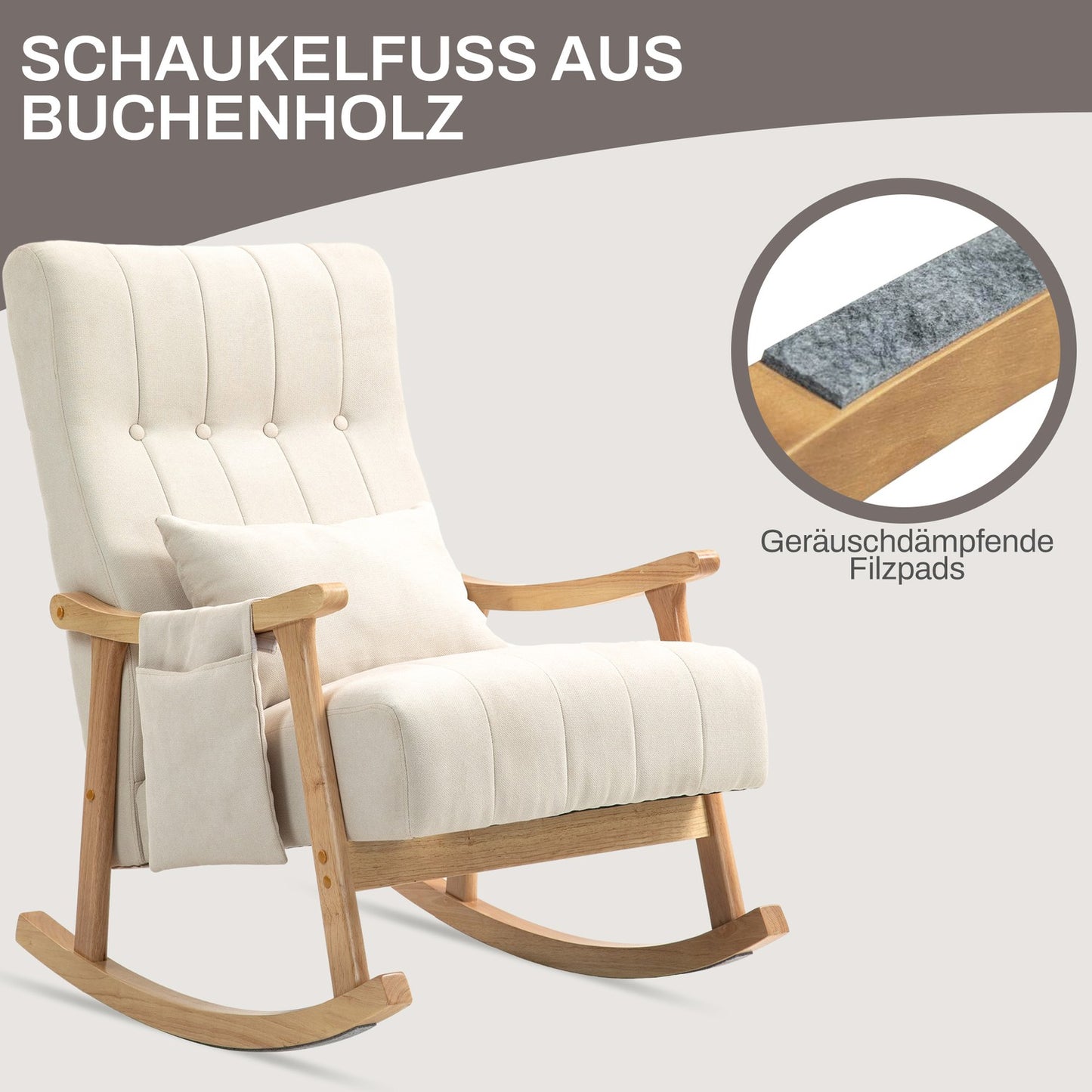 Beige rocking chair in linen with lumbar cushion and pocket