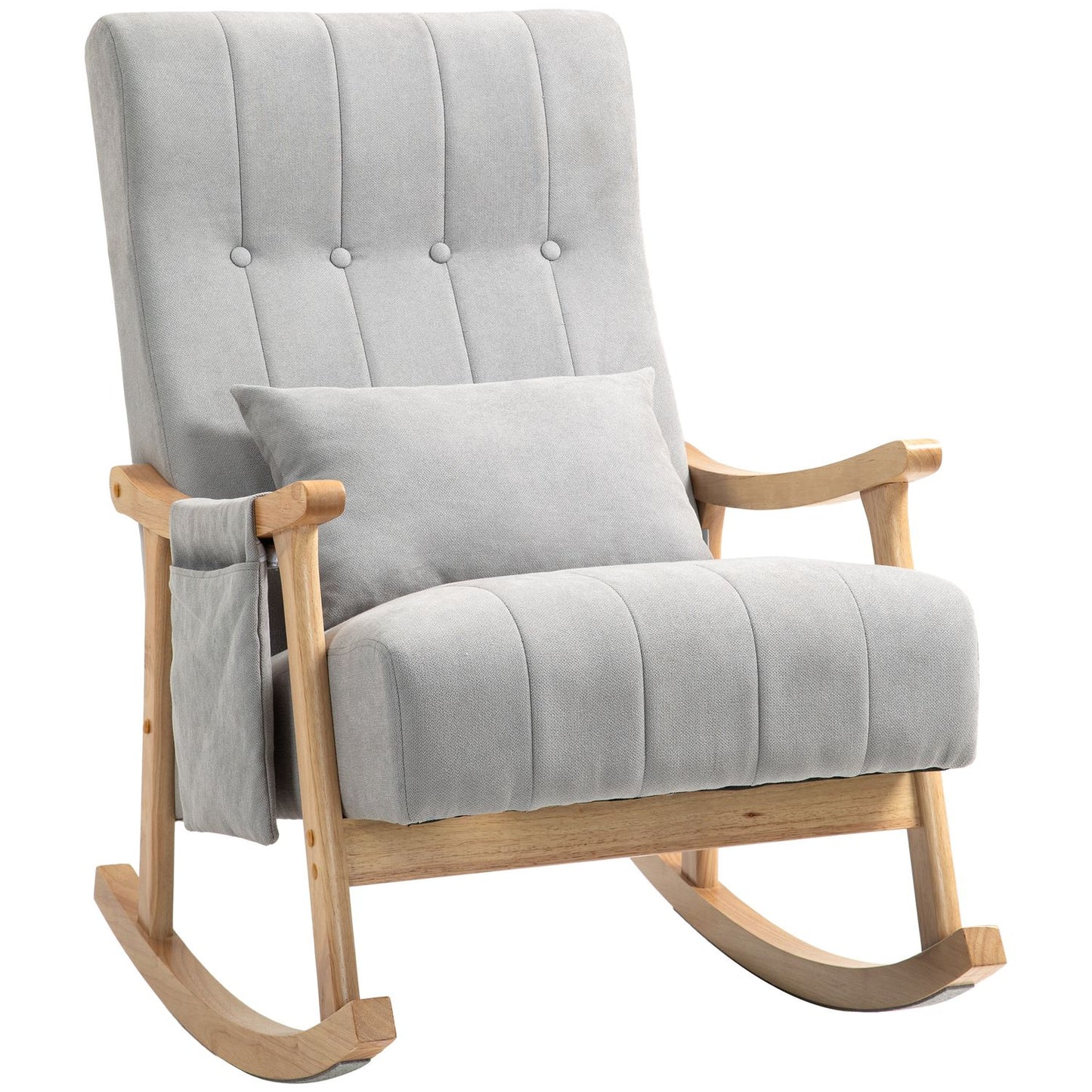 Gray padded rocking chair with lumbar support and side pocket