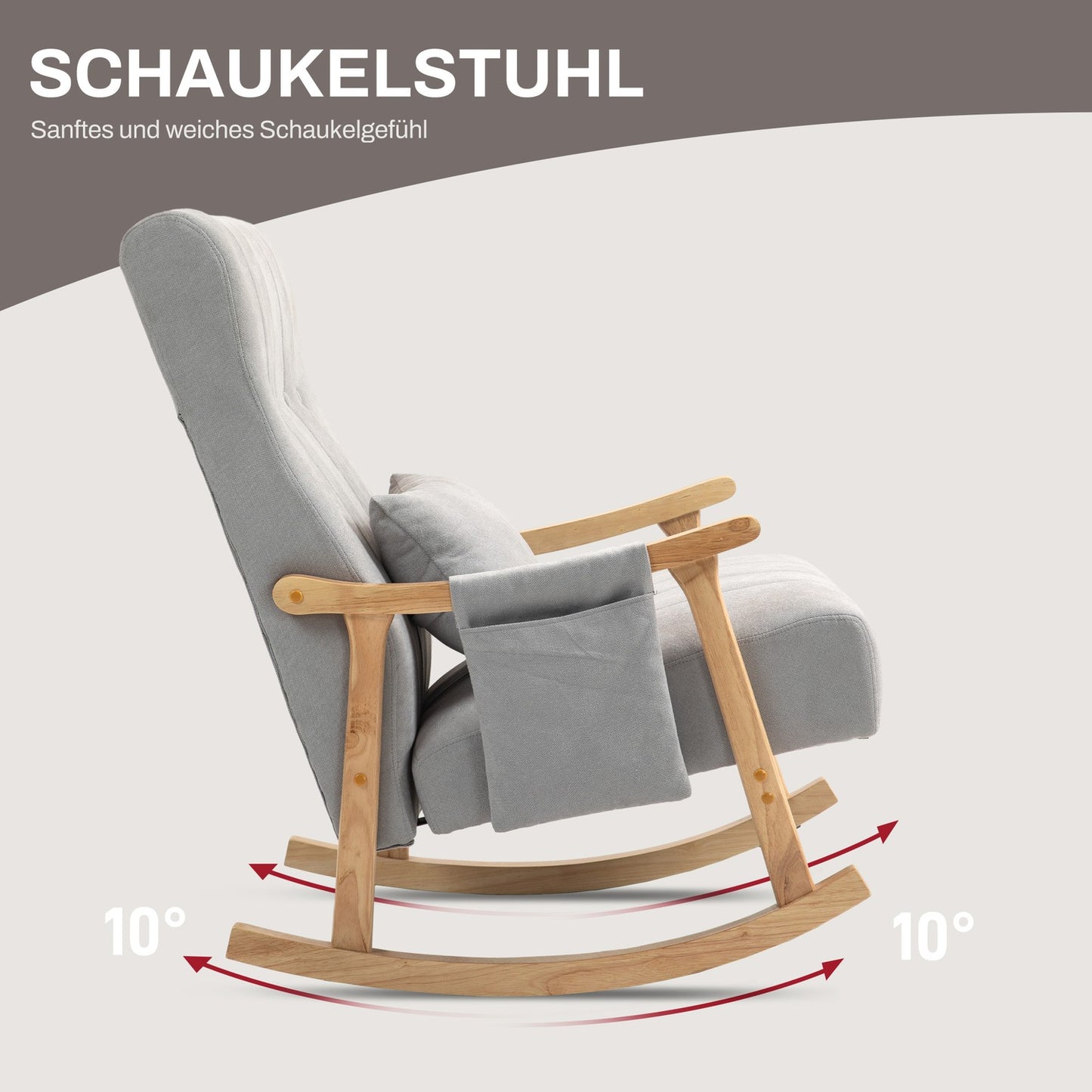 Gray padded rocking chair with lumbar support and side pocket