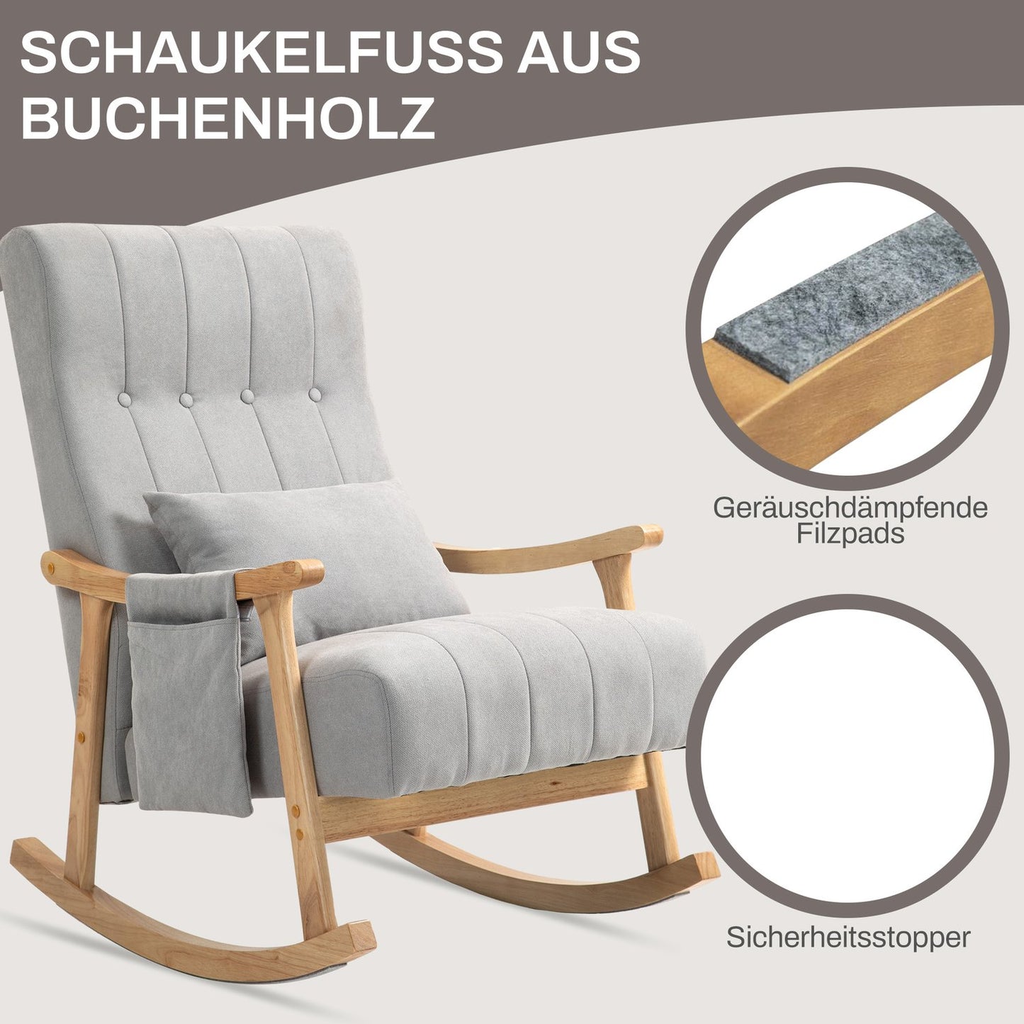 Gray padded rocking chair with lumbar support and side pocket