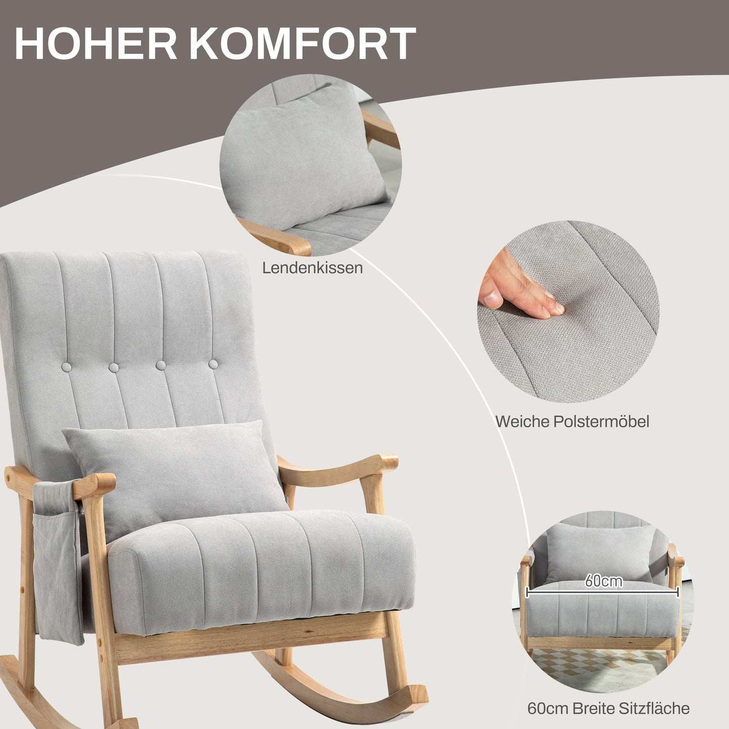 Gray padded rocking chair with lumbar support and side pocket