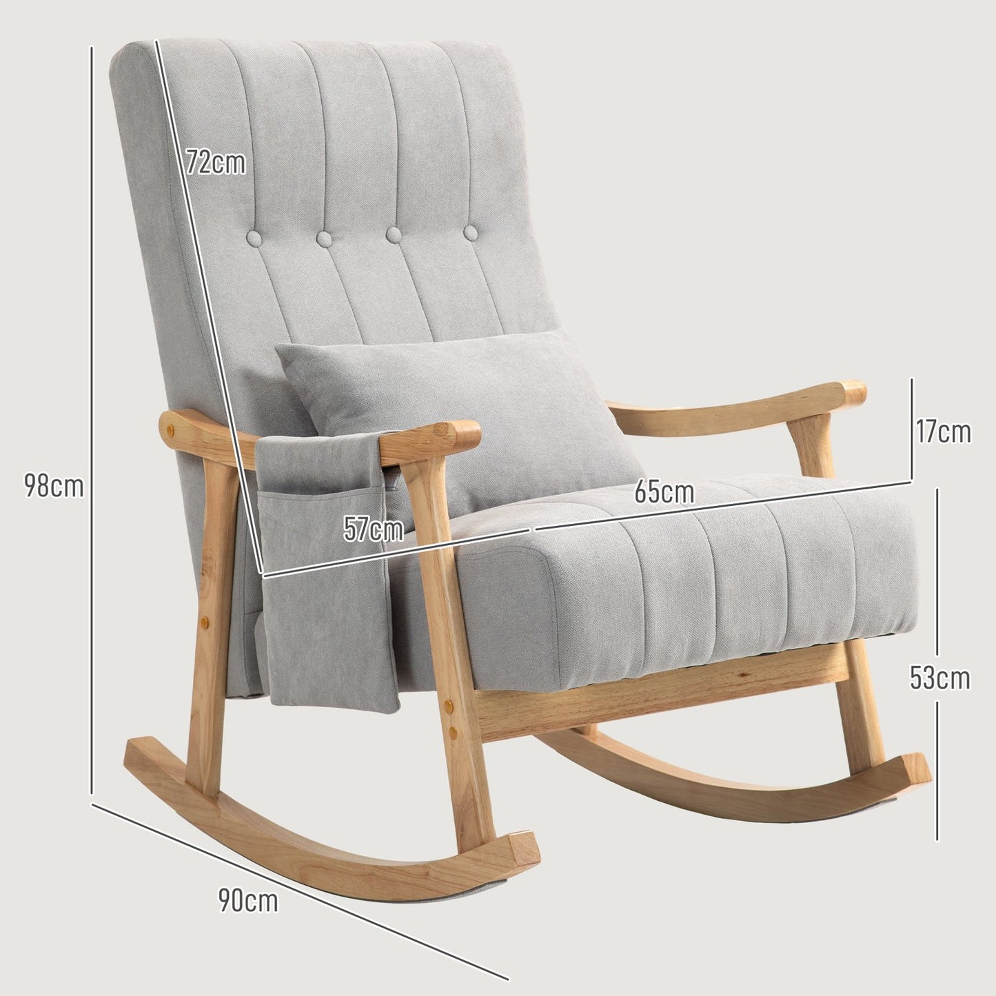 Gray padded rocking chair with lumbar support and side pocket