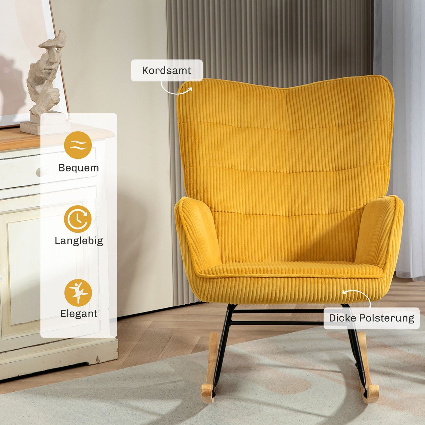 Yellow rocking chair with armrests & wooden runners