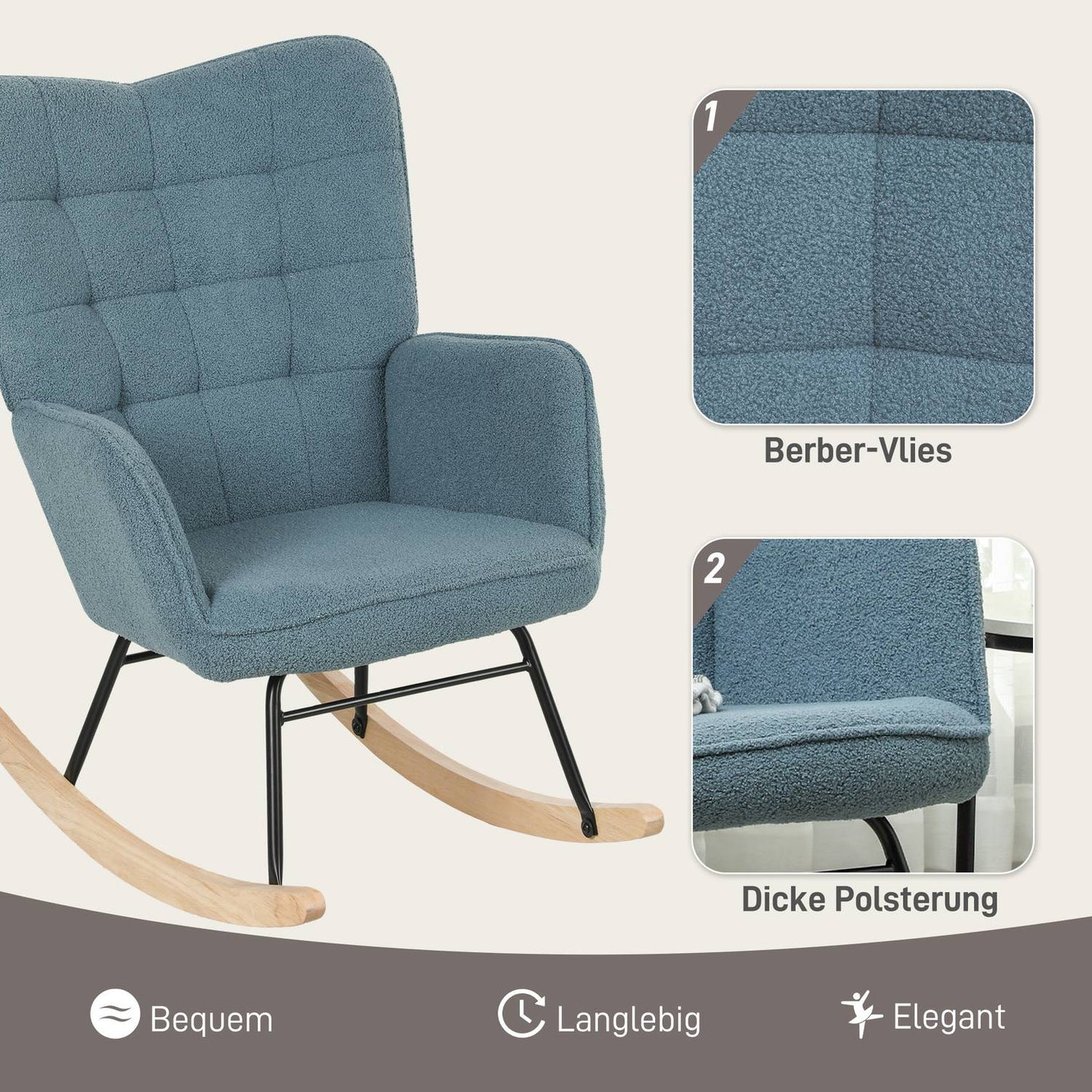 Light blue padded rocking chair with armrests, 120 kg capacity
