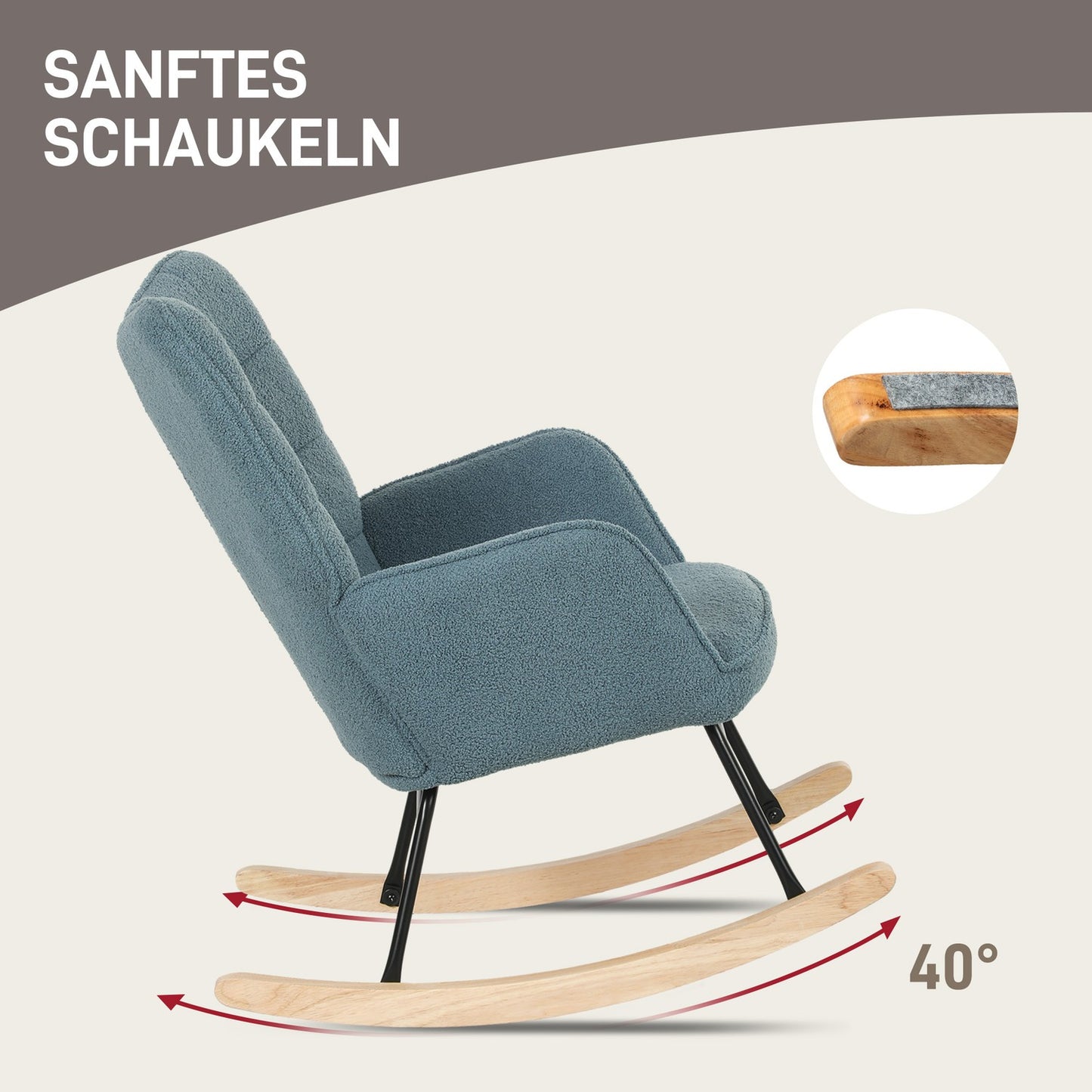 Light blue padded rocking chair with armrests, 120 kg capacity