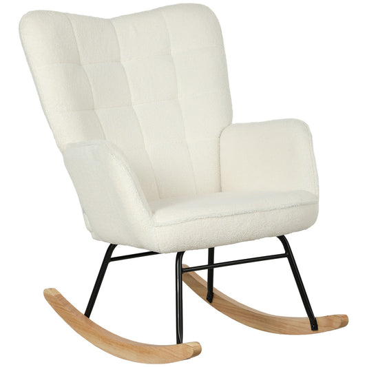 White padded rocking chair with armrests, wooden base
