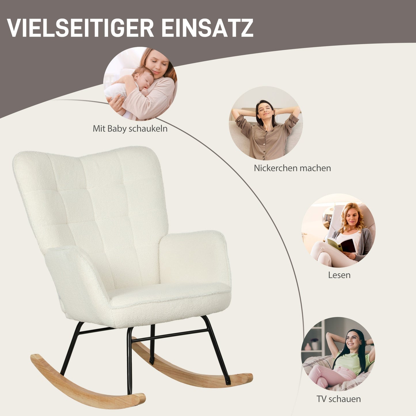 White padded rocking chair with armrests, wooden base