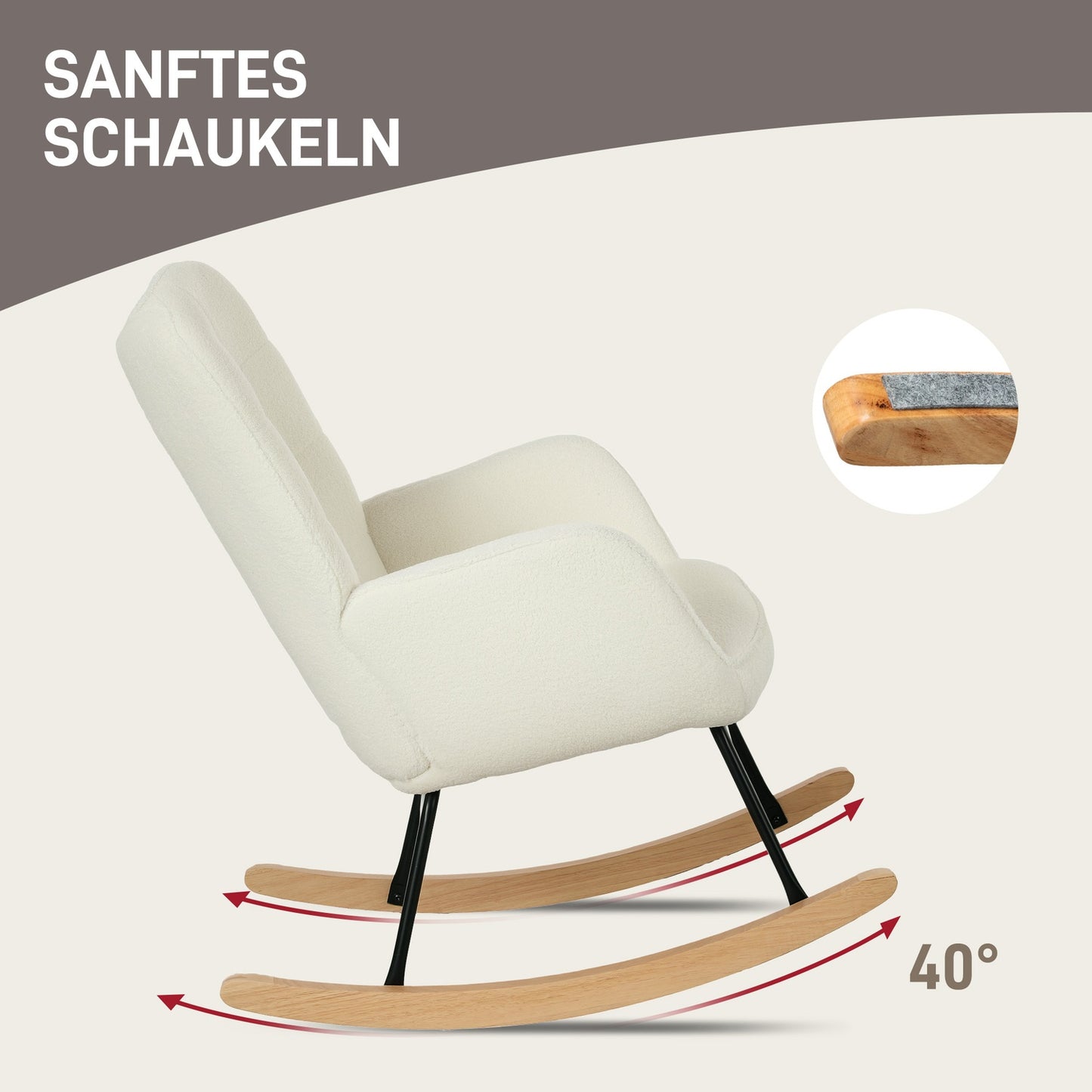 White padded rocking chair with armrests, wooden base