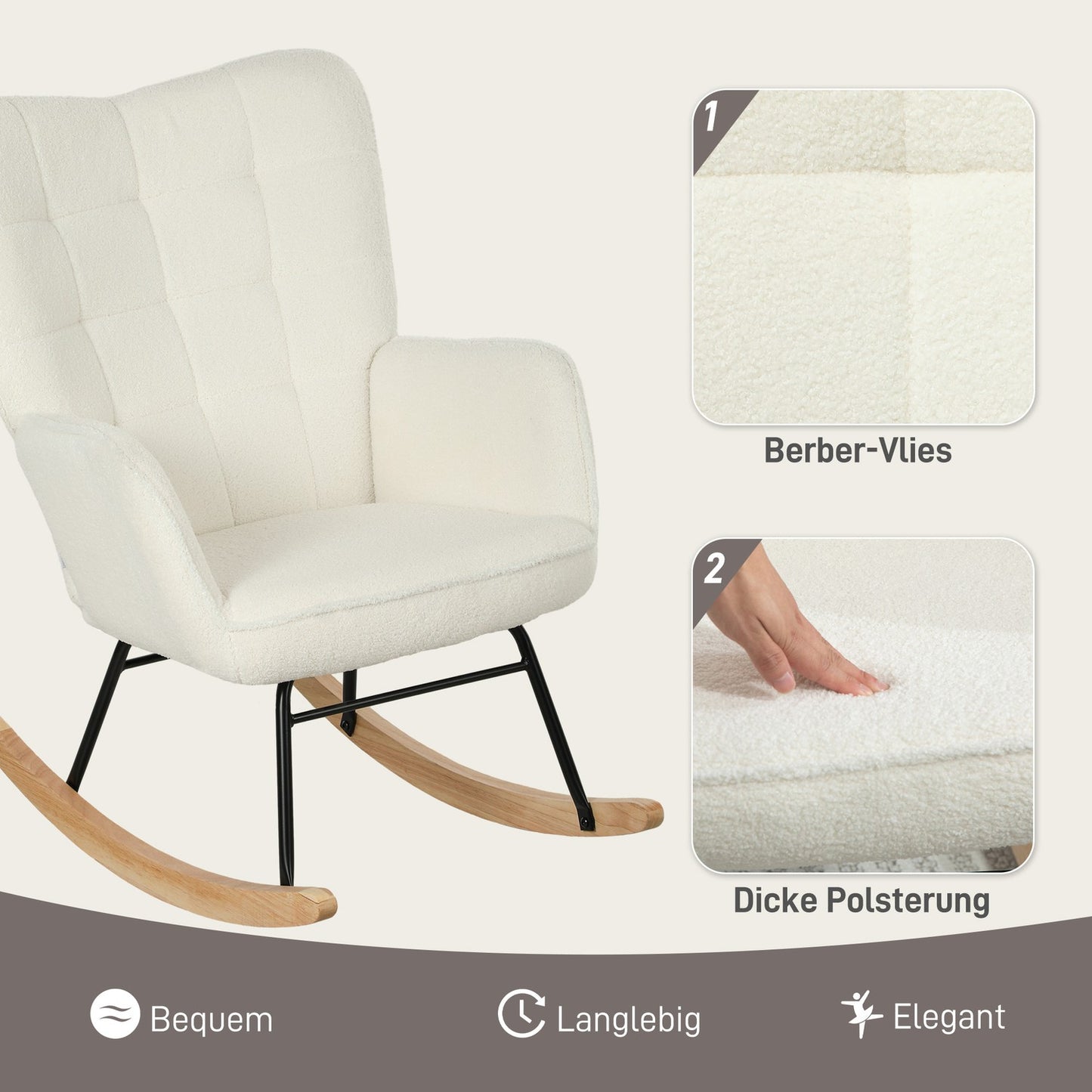 White padded rocking chair with armrests, wooden base