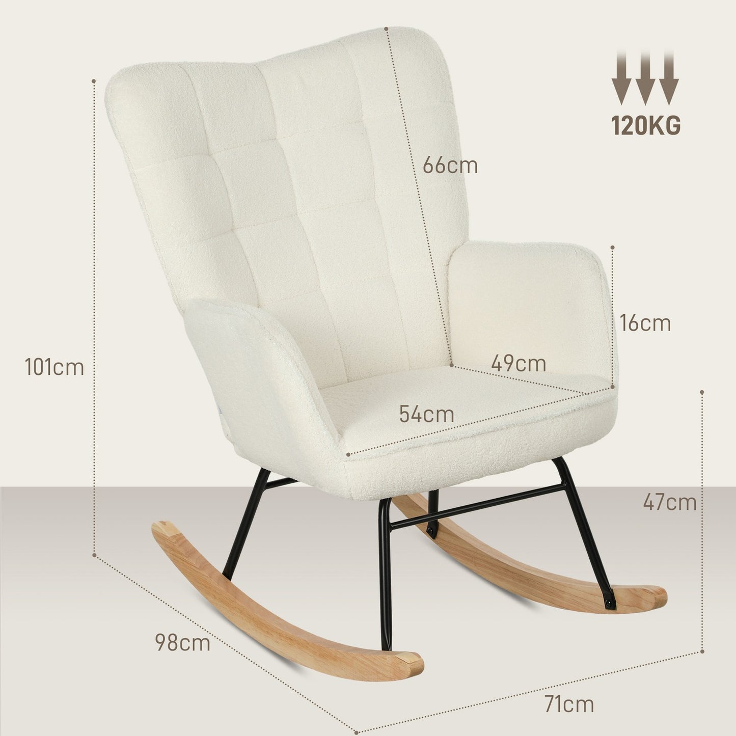 White padded rocking chair with armrests, wooden base